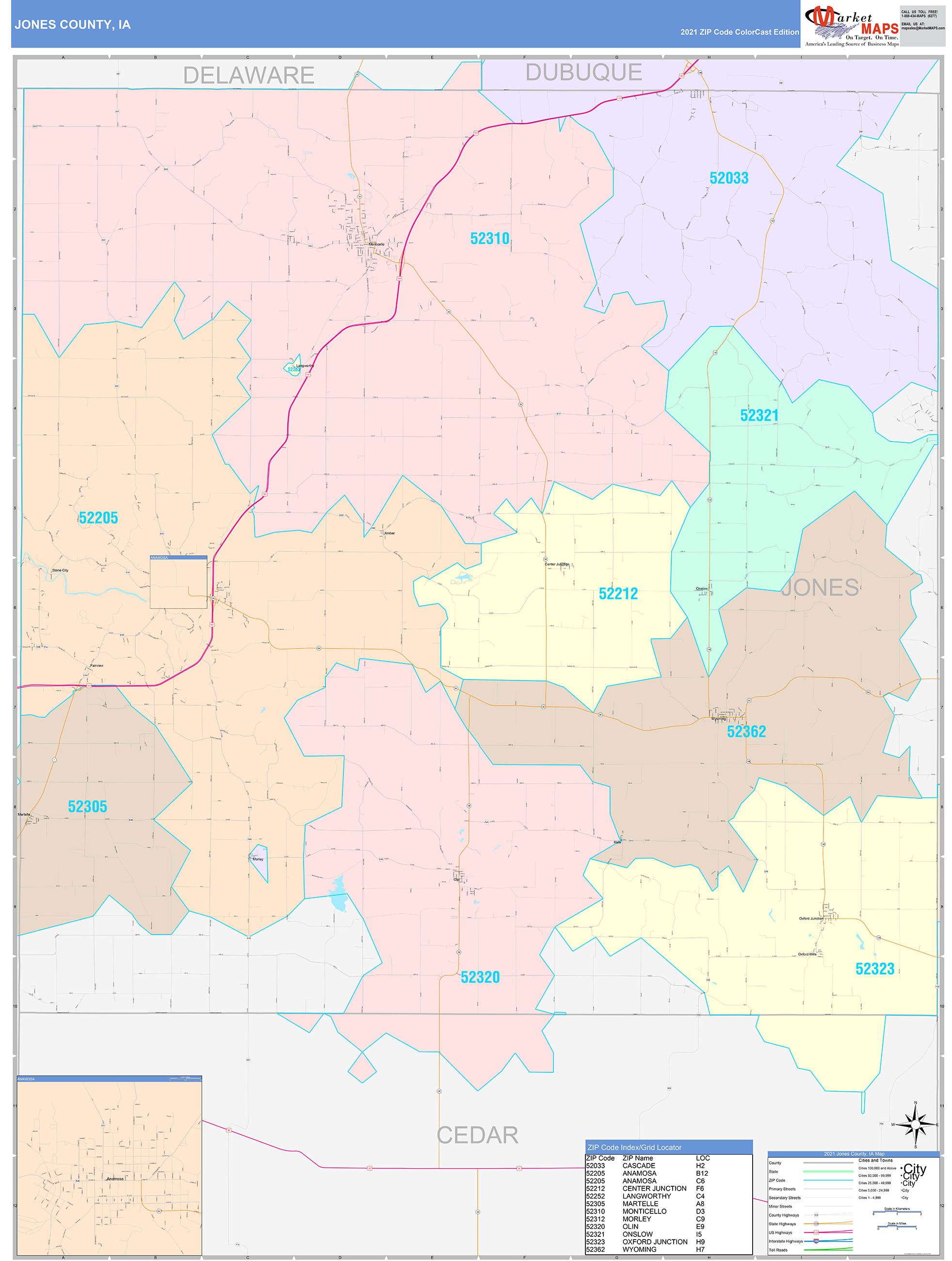 Jones County, IA Wall Map Color Cast Style by MarketMAPS - MapSales