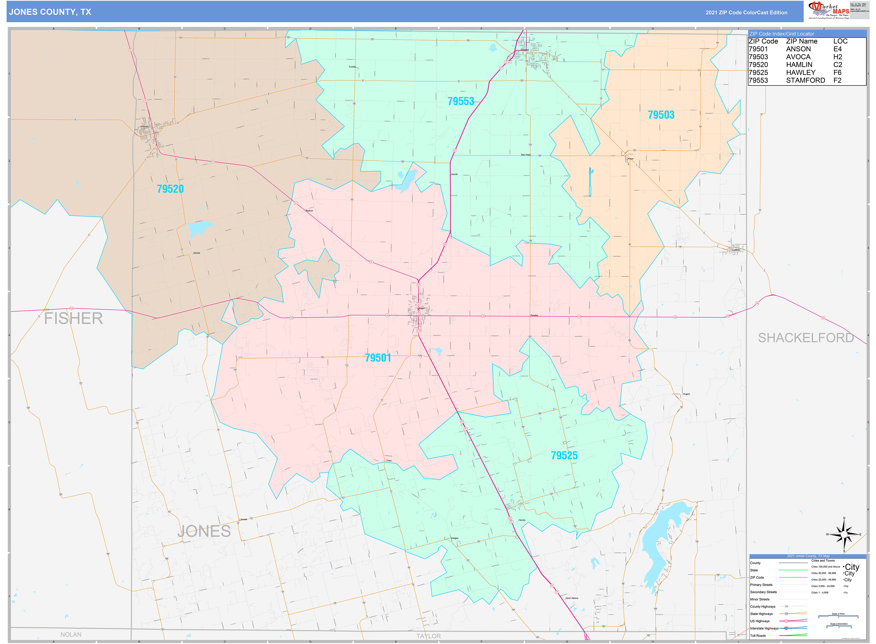 Jones County, TX Wall Map Color Cast Style by MarketMAPS MapSales