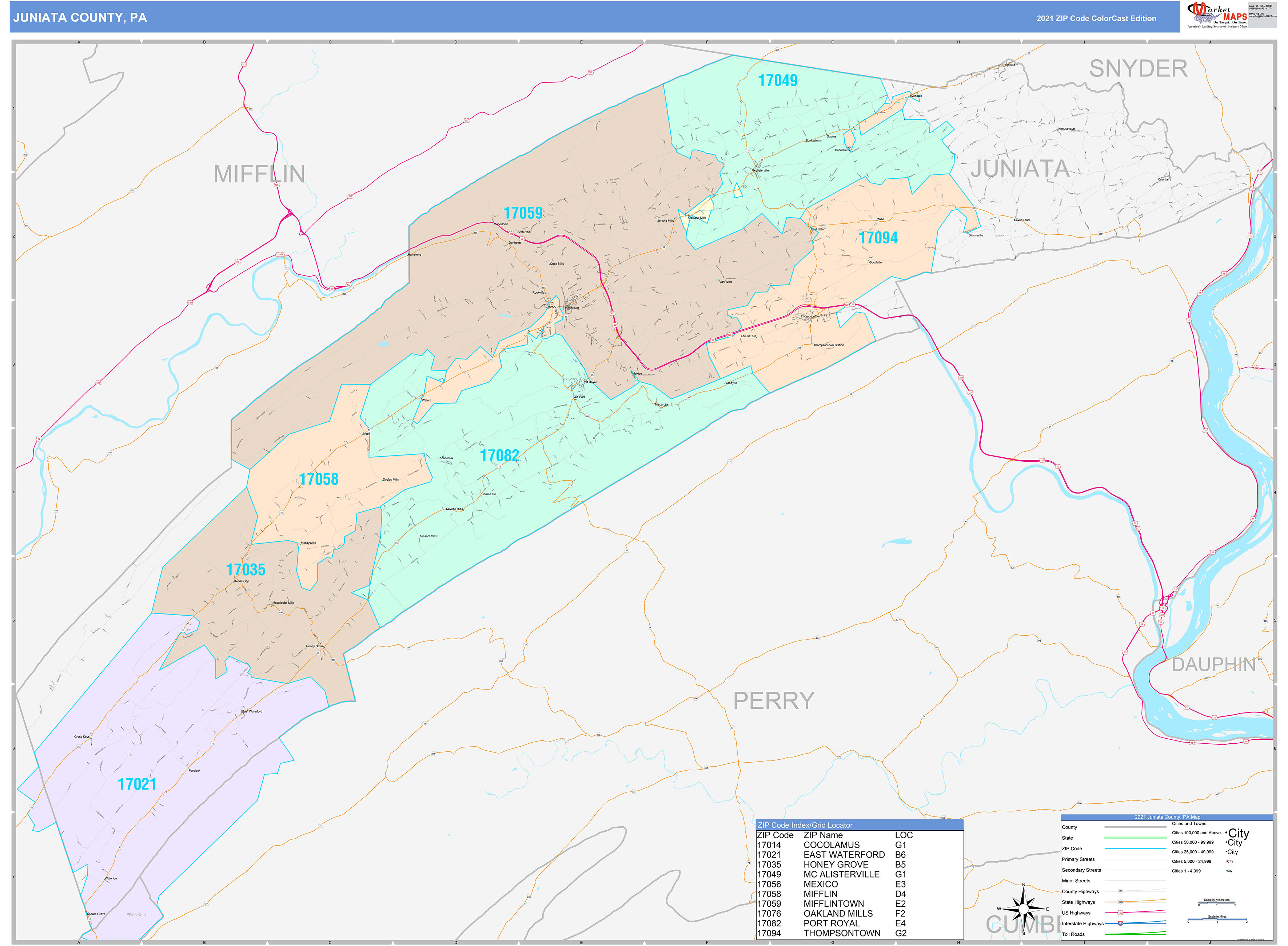 Juniata County, PA Wall Map Color Cast Style by MarketMAPS - MapSales.com