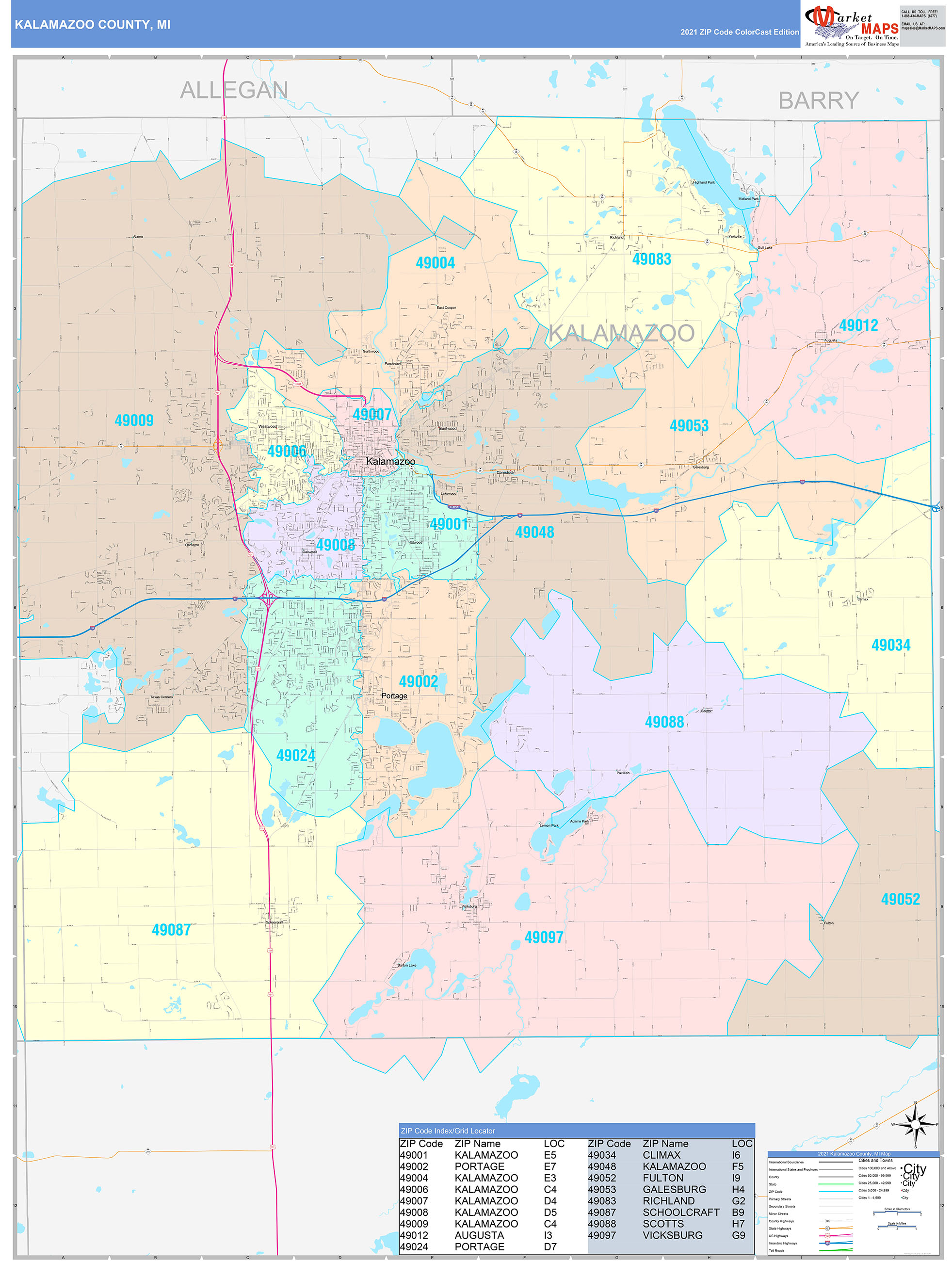 Kalamazoo County, MI Wall Map Color Cast Style by MarketMAPS - MapSales