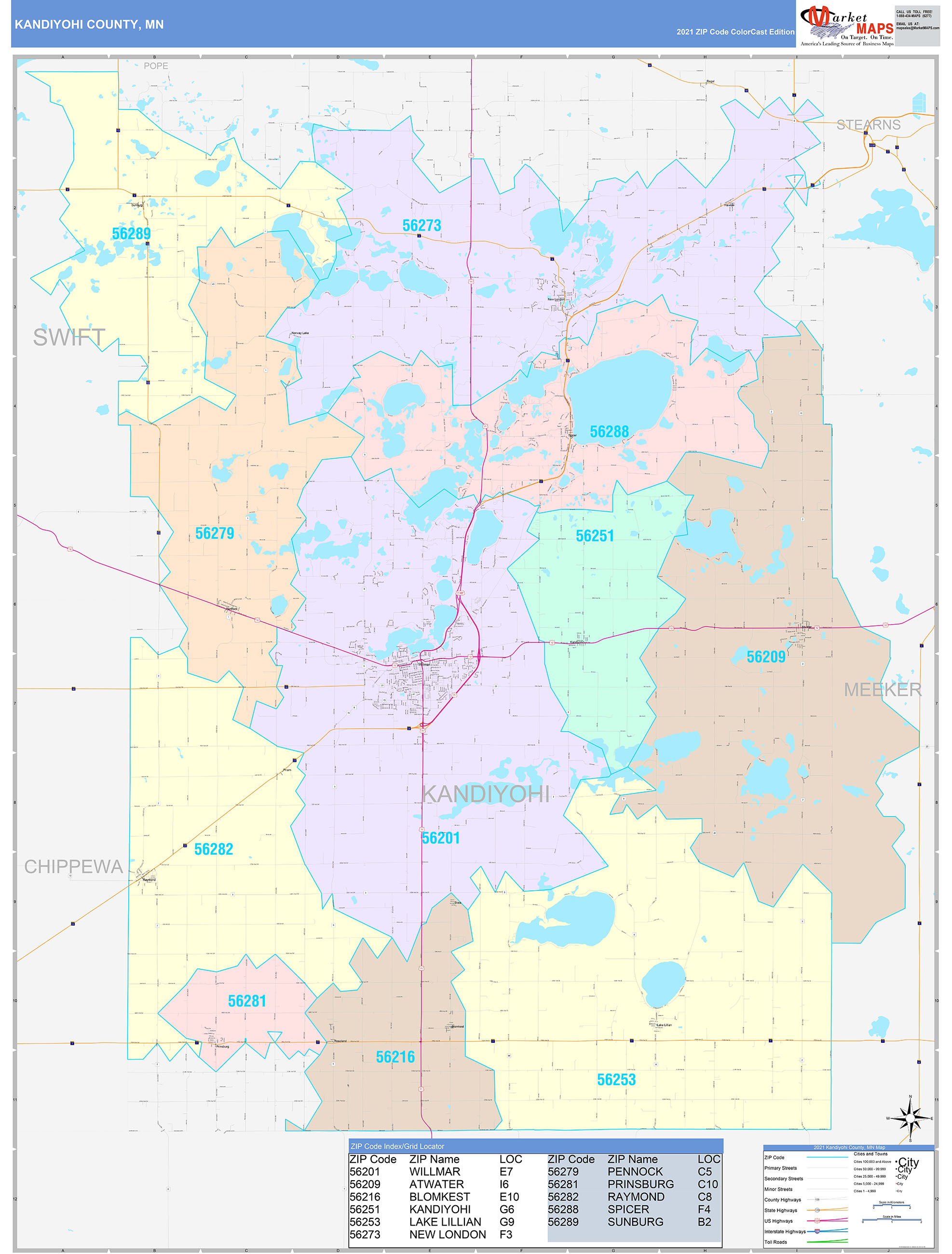 Kandiyohi County Mn Wall Map Color Cast Style By Marketmaps 2180