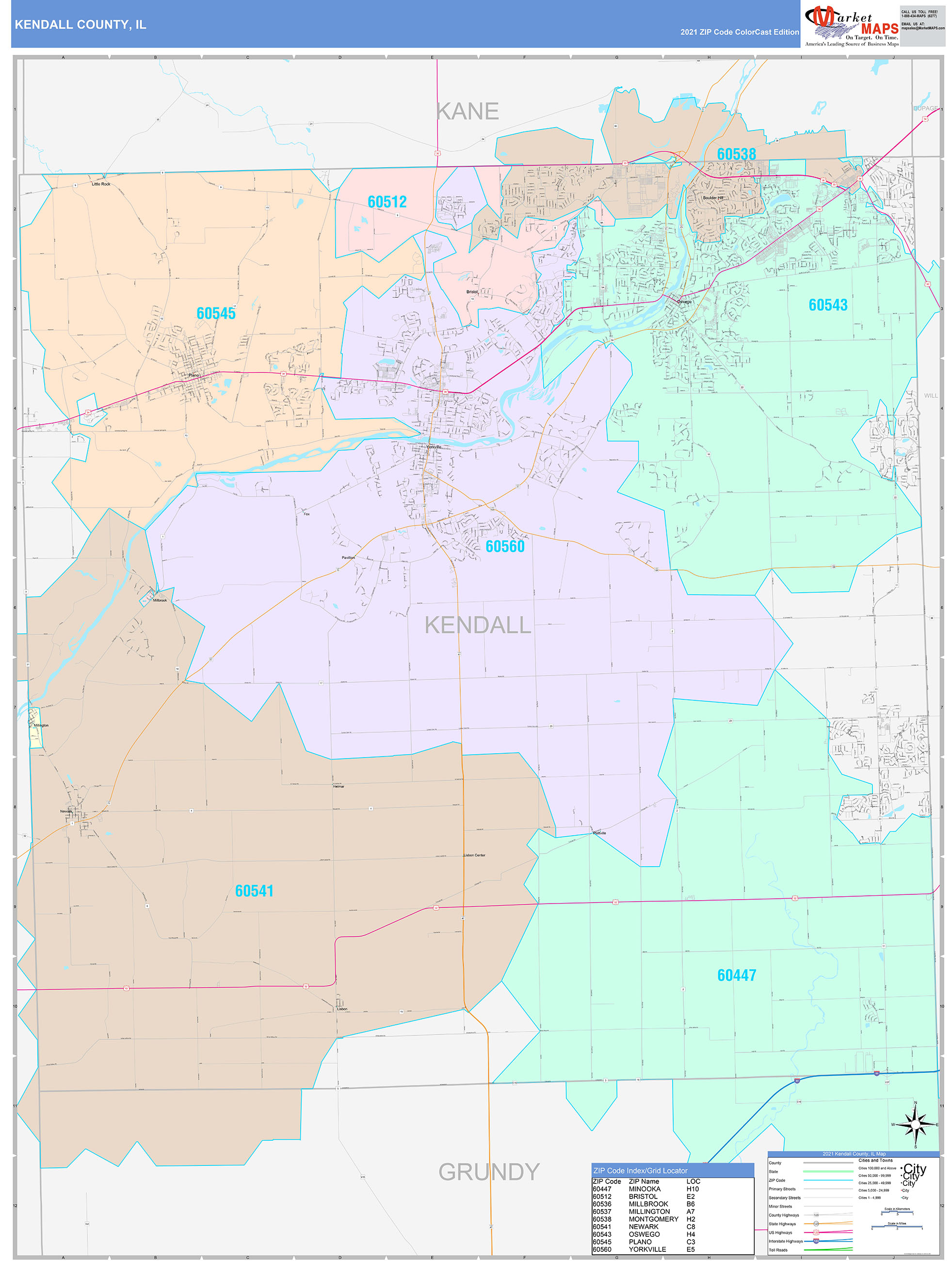 Kendall County IL Wall Map Color Cast Style by MarketMAPS MapSales com