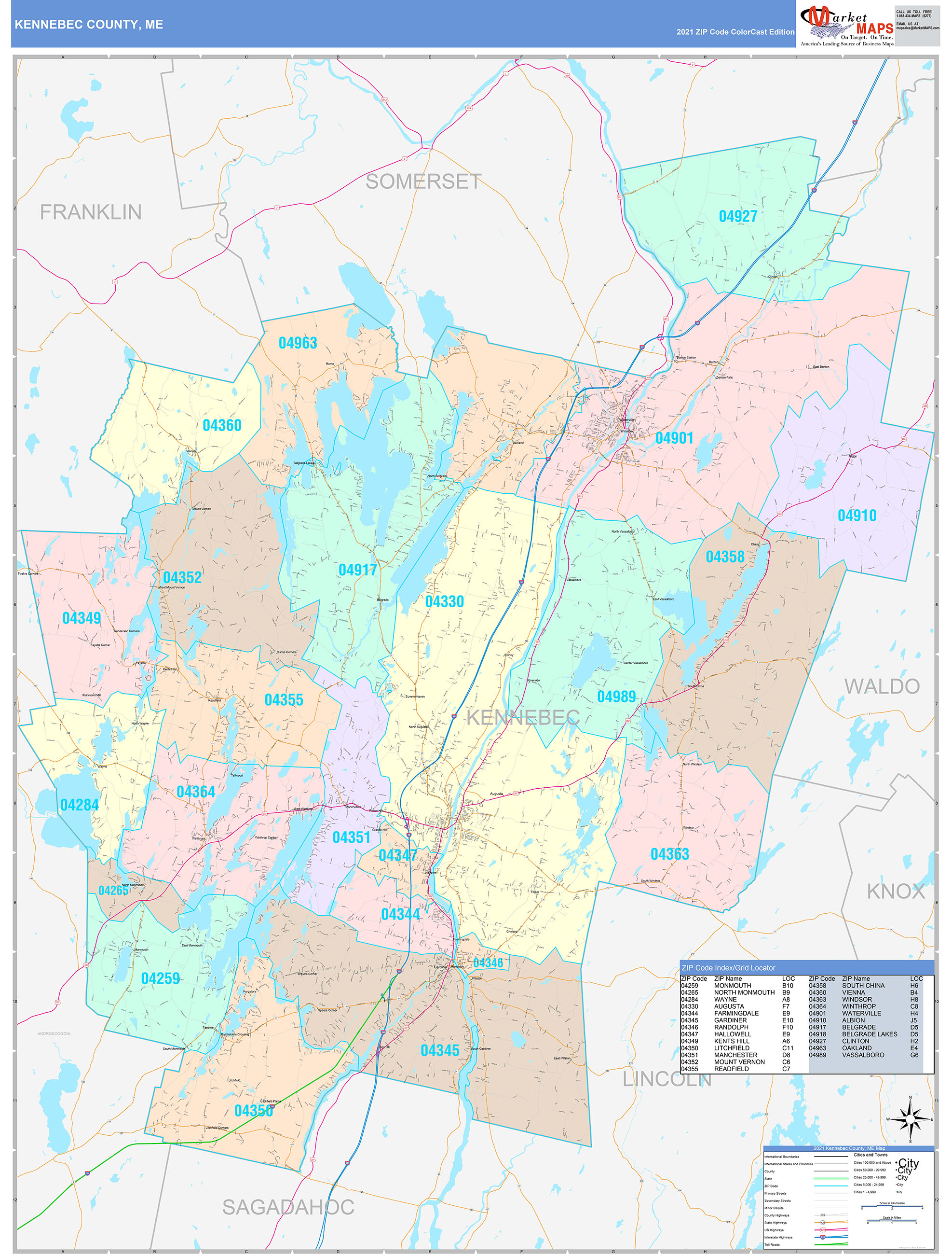 Kennebec County, ME Wall Map Color Cast Style by MarketMAPS