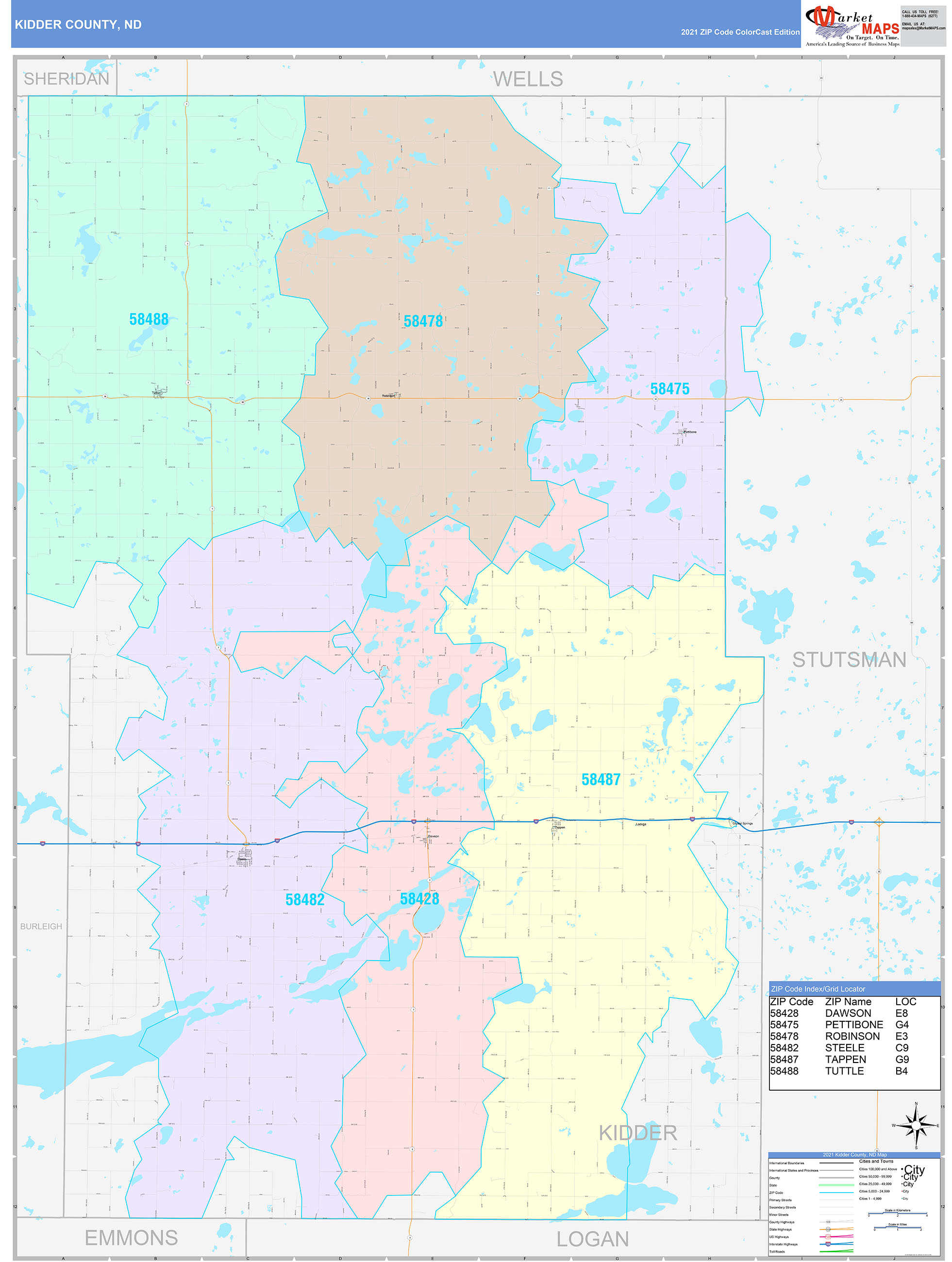 Kidder County, ND Wall Map Color Cast Style by MarketMAPS - MapSales