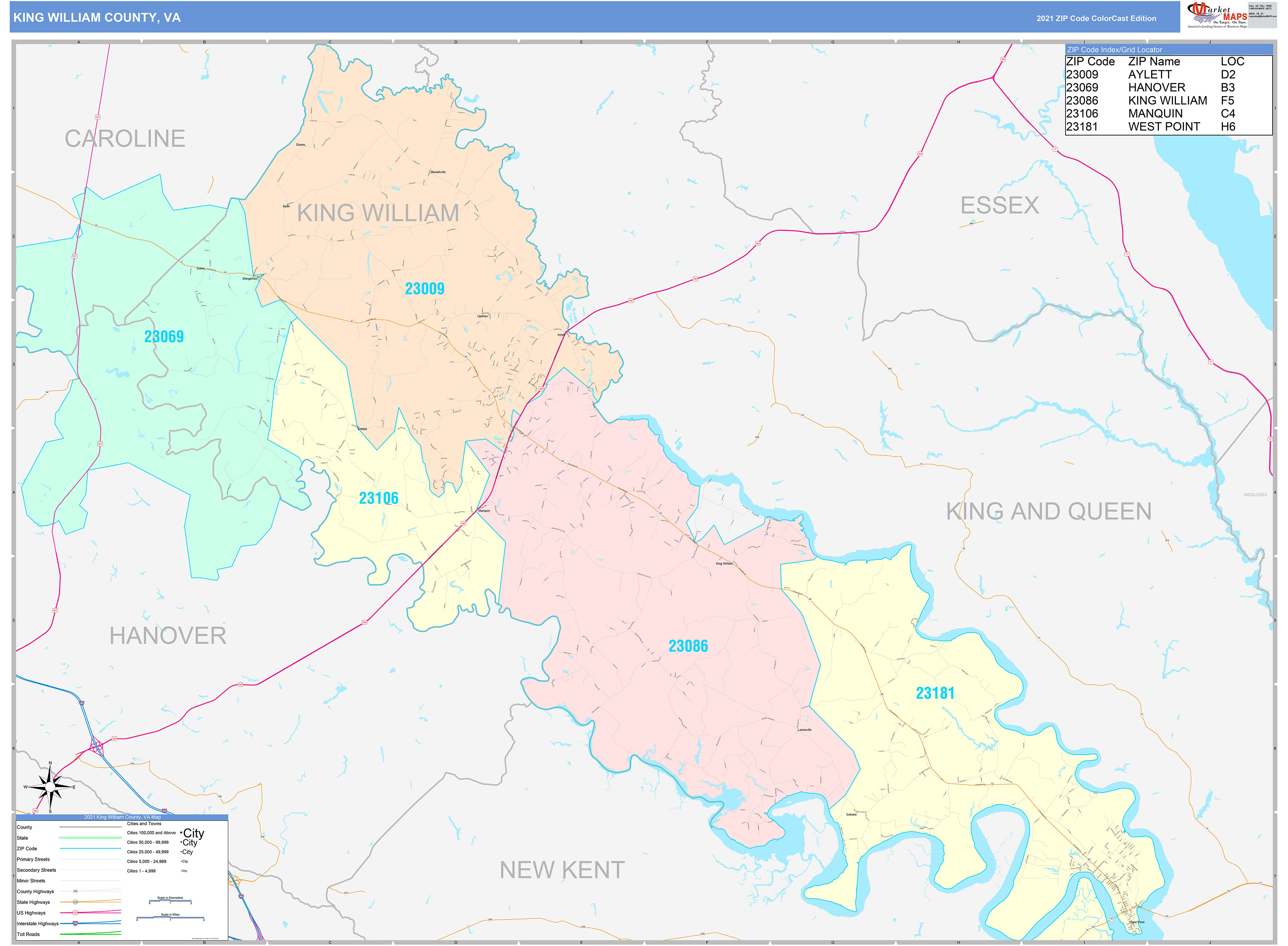 King William County, VA Wall Map Color Cast Style by MarketMAPS