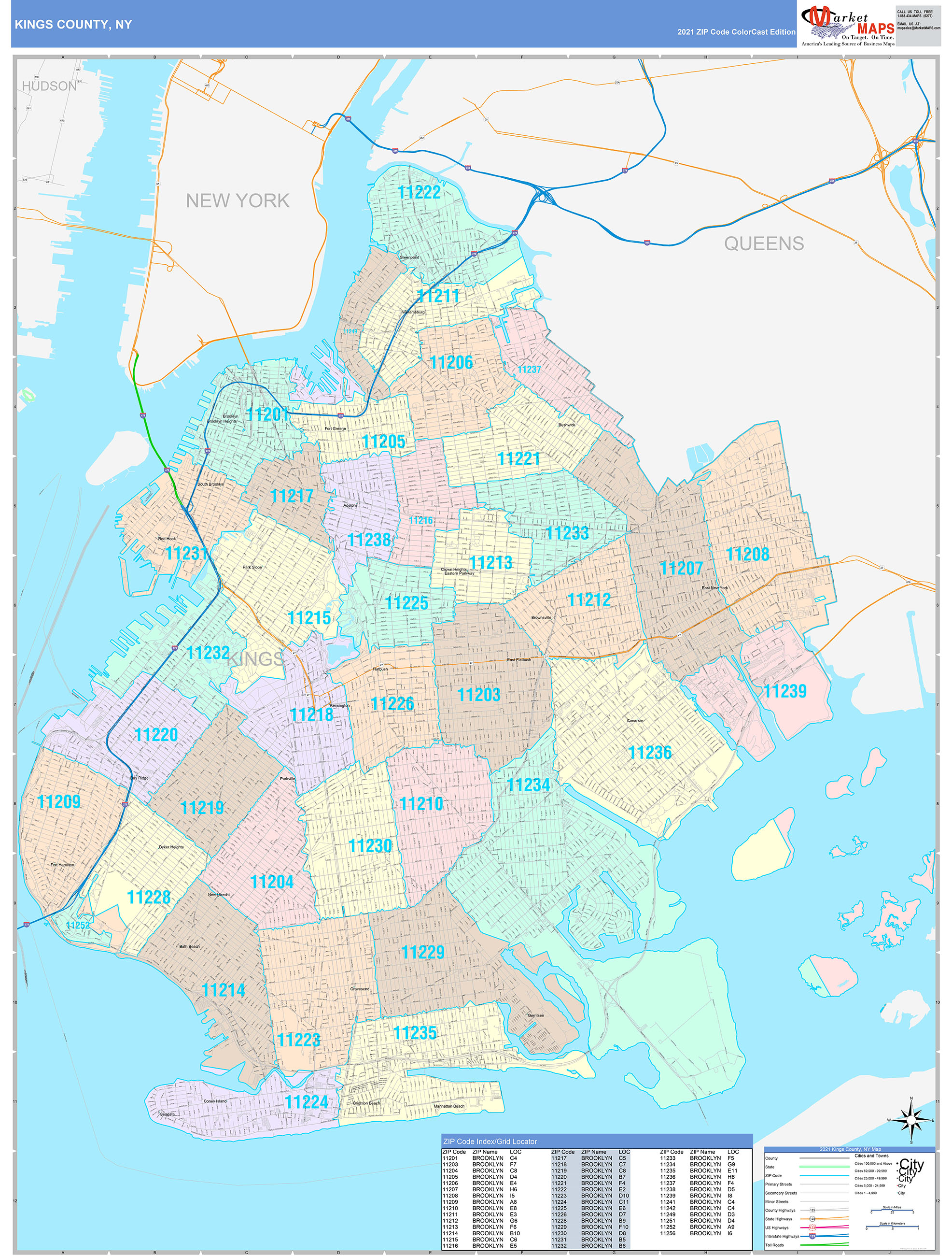 Kings County NY Wall Map Color Cast Style by MarketMAPS MapSales