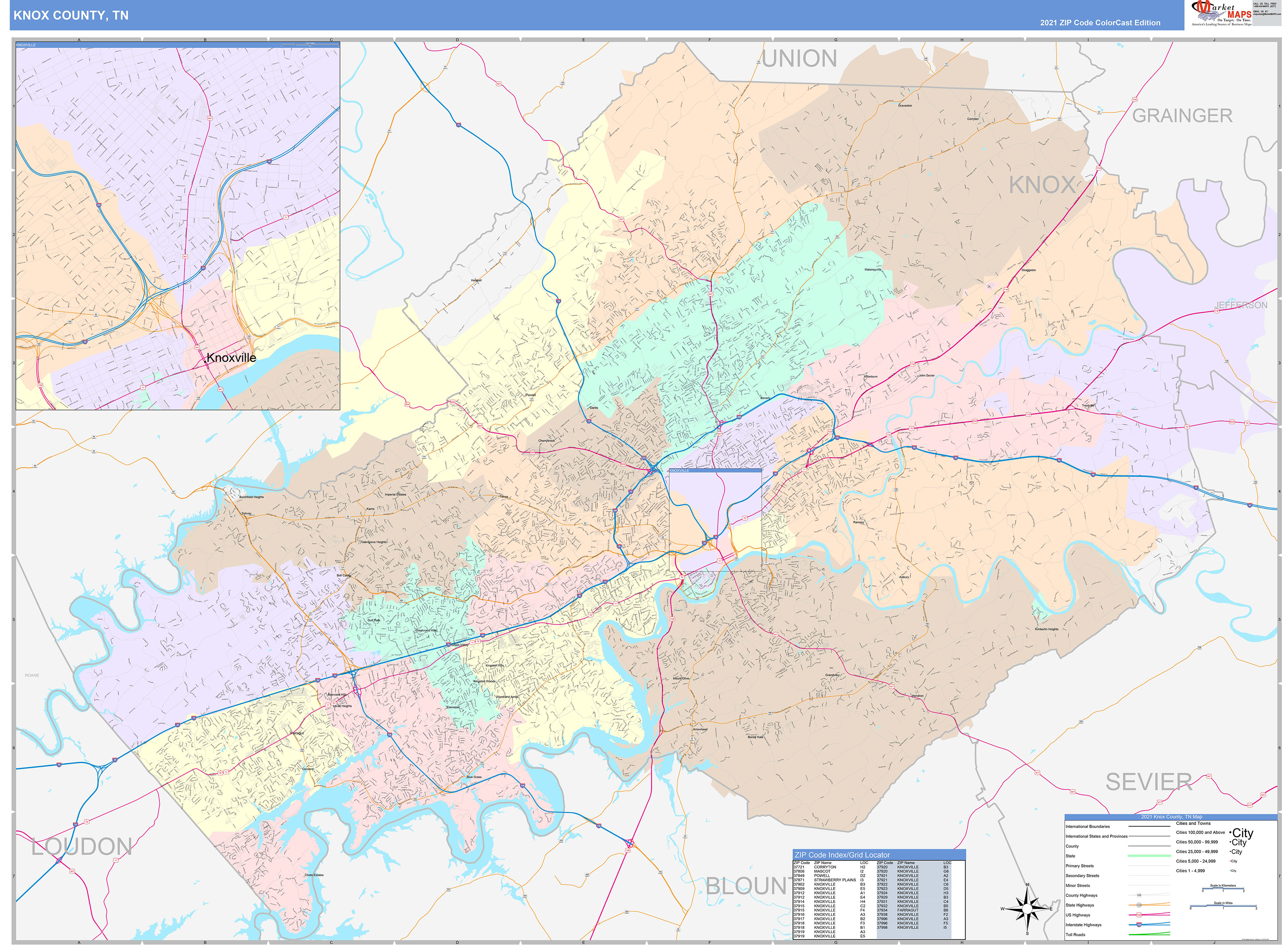 Knox County, TN Wall Map Color Cast Style by MarketMAPS