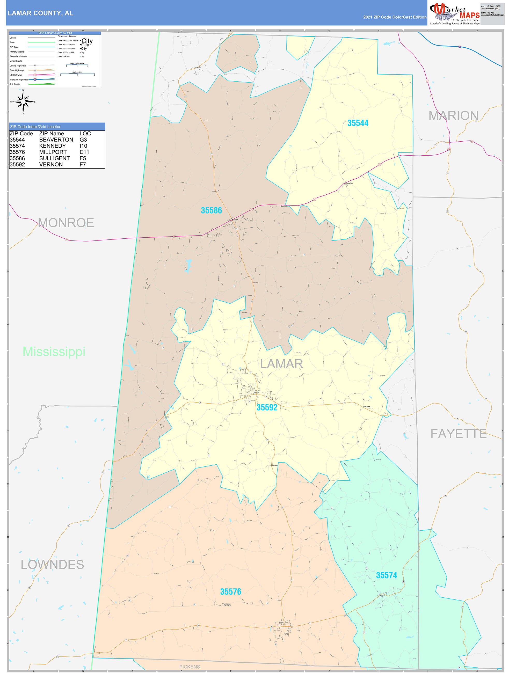 Lamar County, AL Wall Map Color Cast Style by MarketMAPS