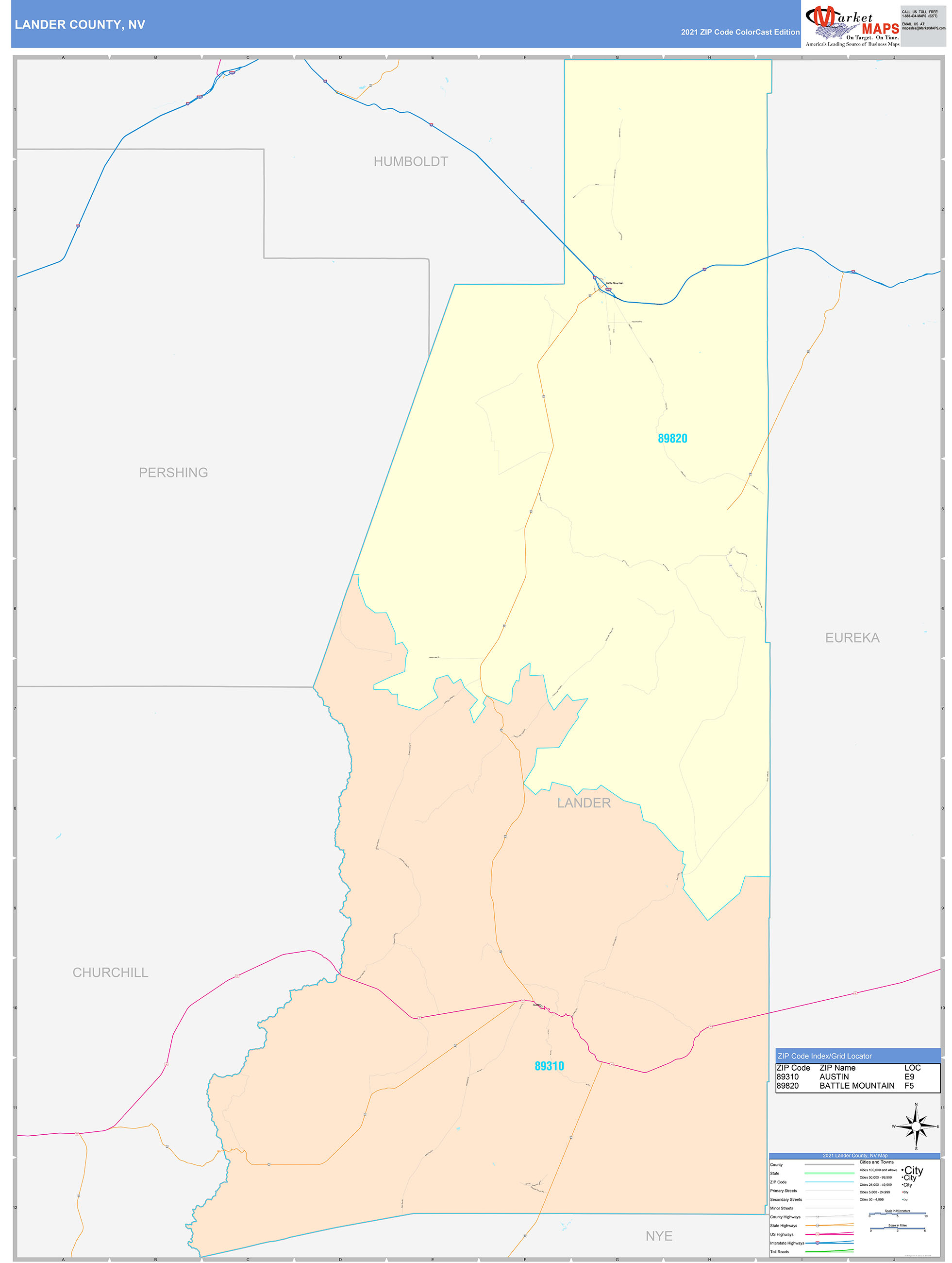 Lander County, NV Wall Map Color Cast Style by MarketMAPS