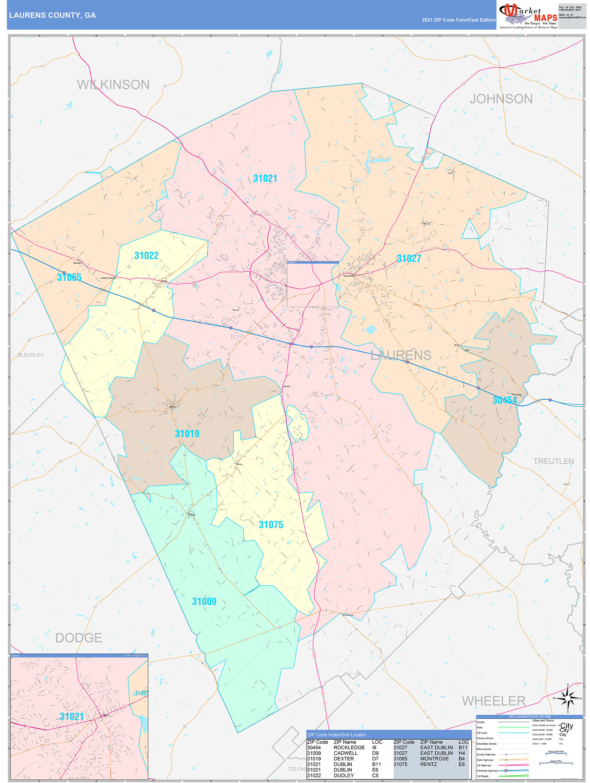 Laurens County, GA Wall Map Color Cast Style by MarketMAPS - MapSales.com