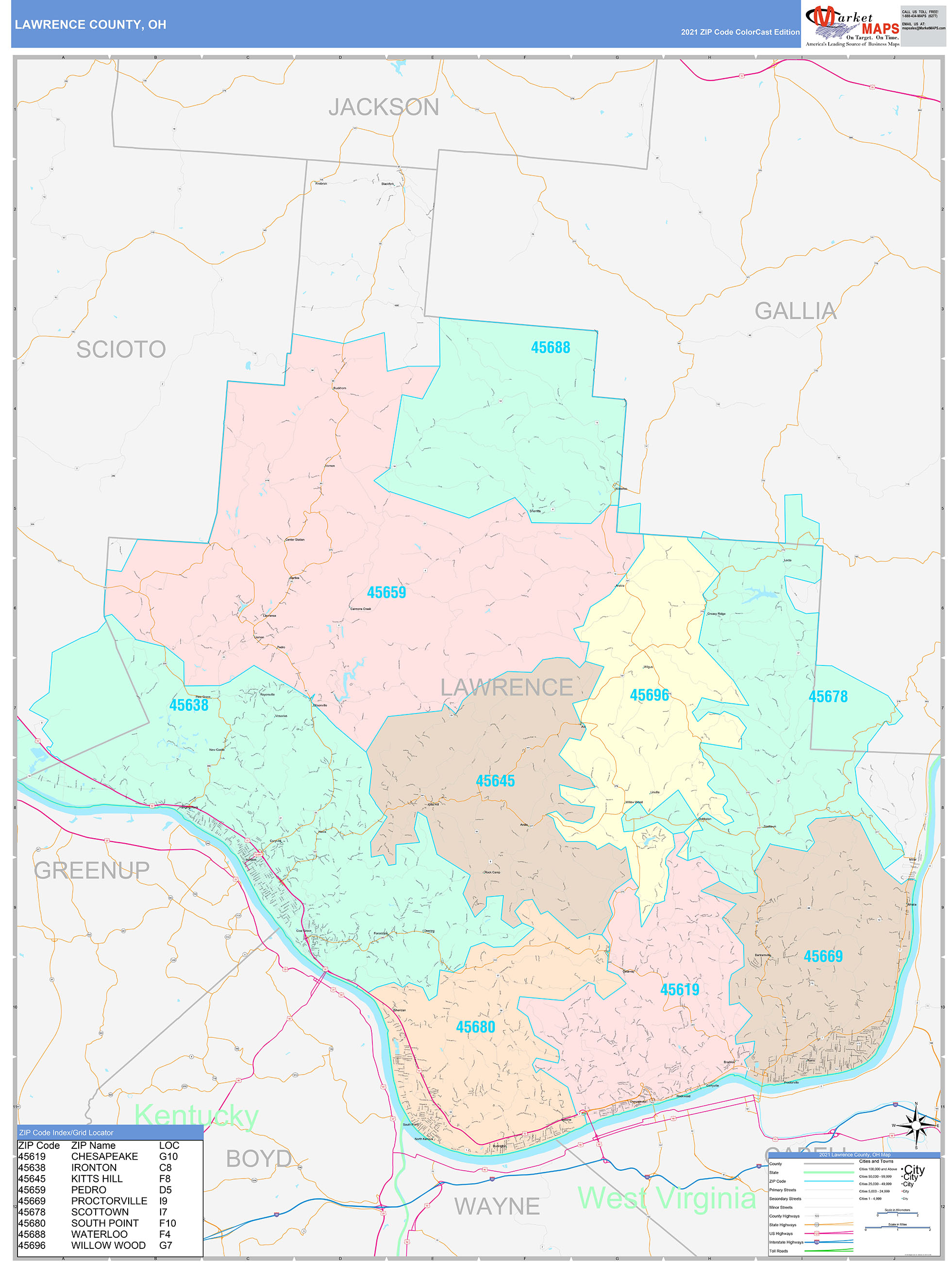 Lawrence County, OH Wall Map Color Cast Style by MarketMAPS - MapSales.com