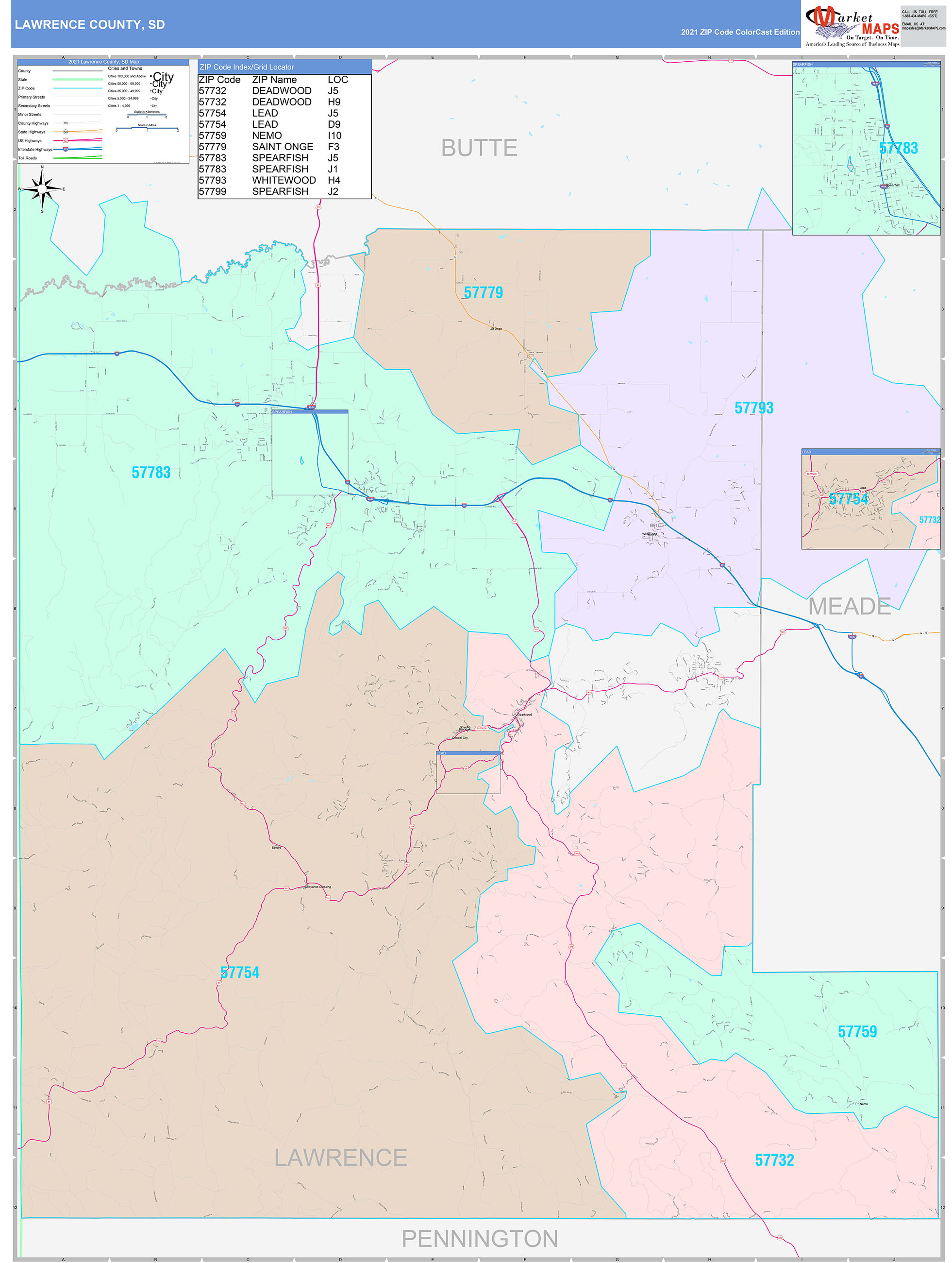 Lawrence County, SD Wall Map Color Cast Style by MarketMAPS