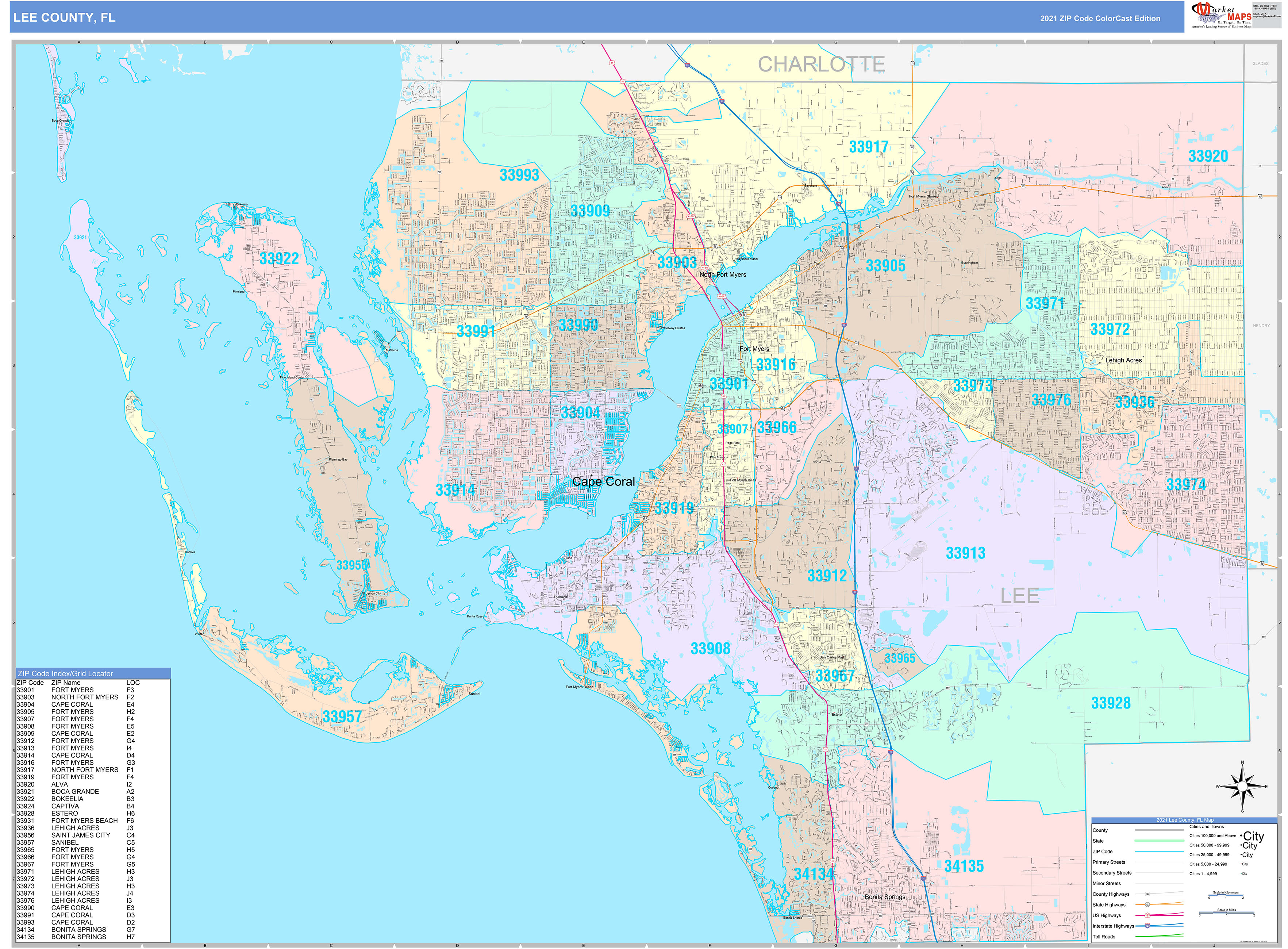 Lee County, FL Wall Map Color Cast Style by MarketMAPS - MapSales.com