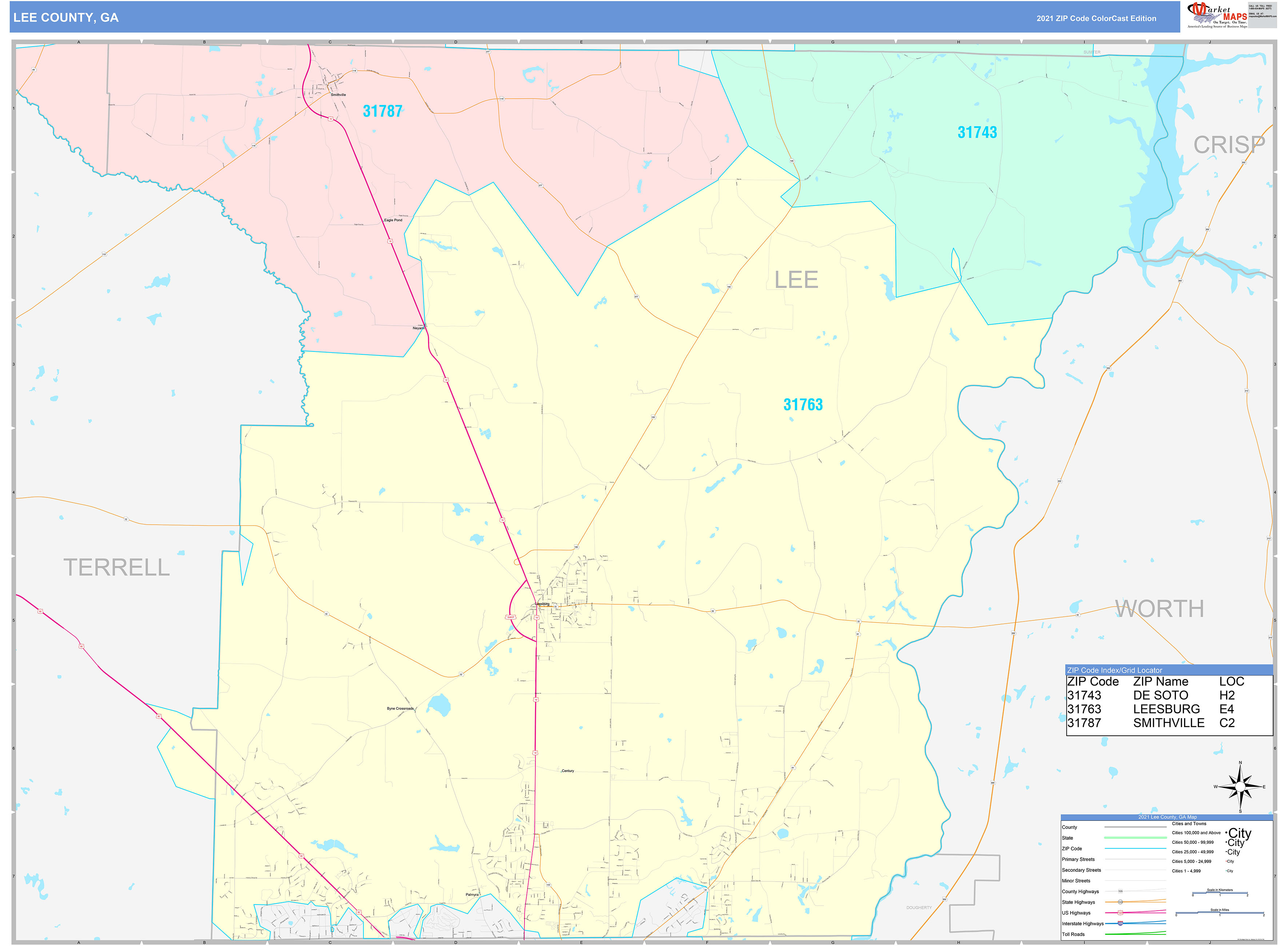 Lee County, GA Wall Map Color Cast Style by MarketMAPS