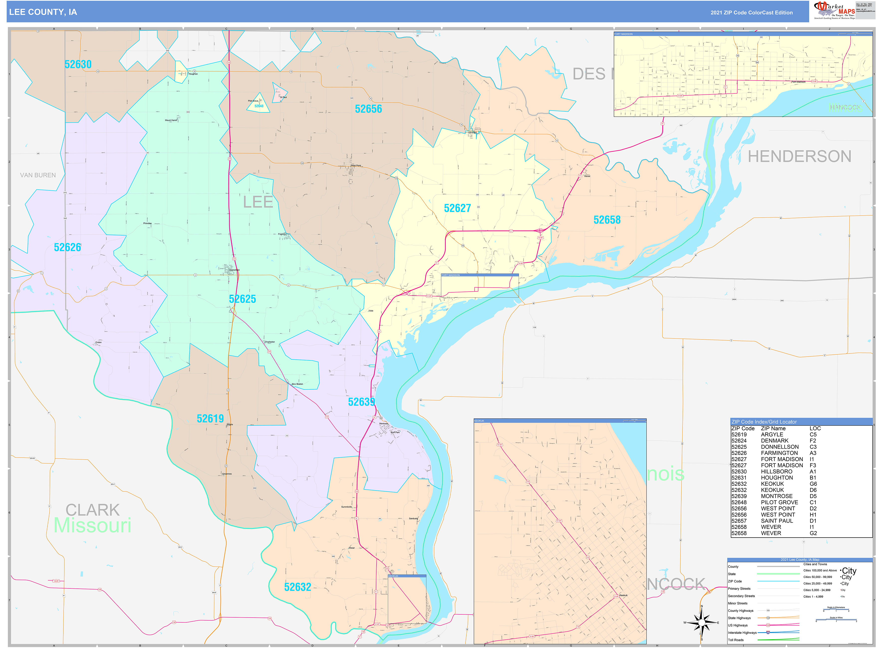 Lee County, IA Wall Map Color Cast Style by MarketMAPS