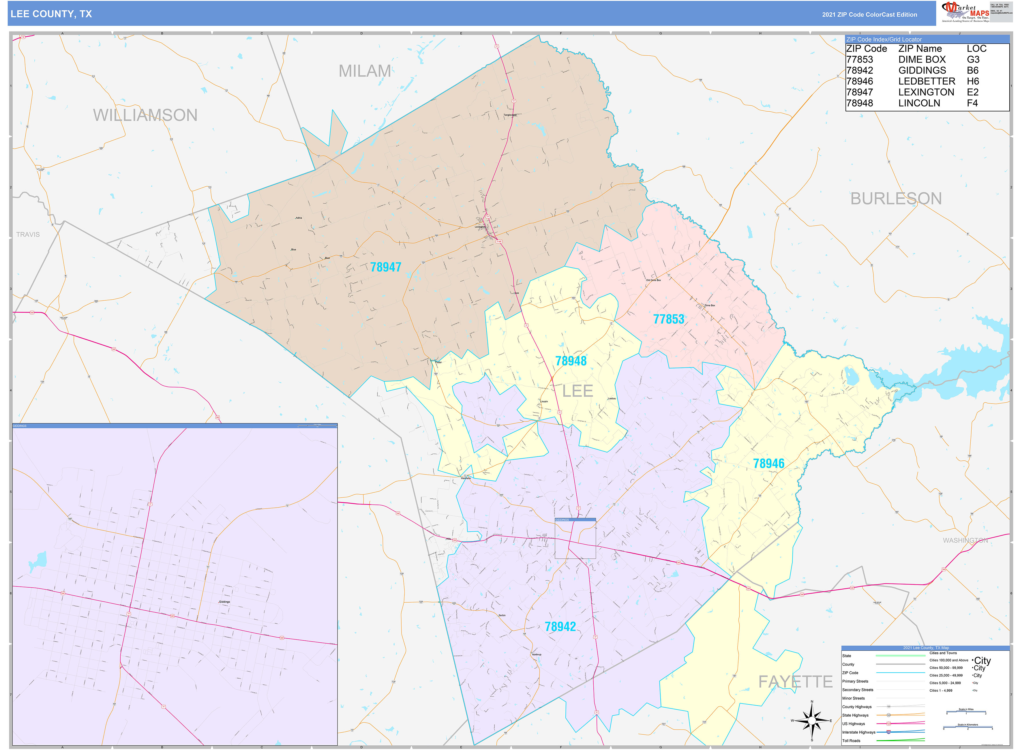 Lee County, TX Wall Map Color Cast Style by MarketMAPS - MapSales