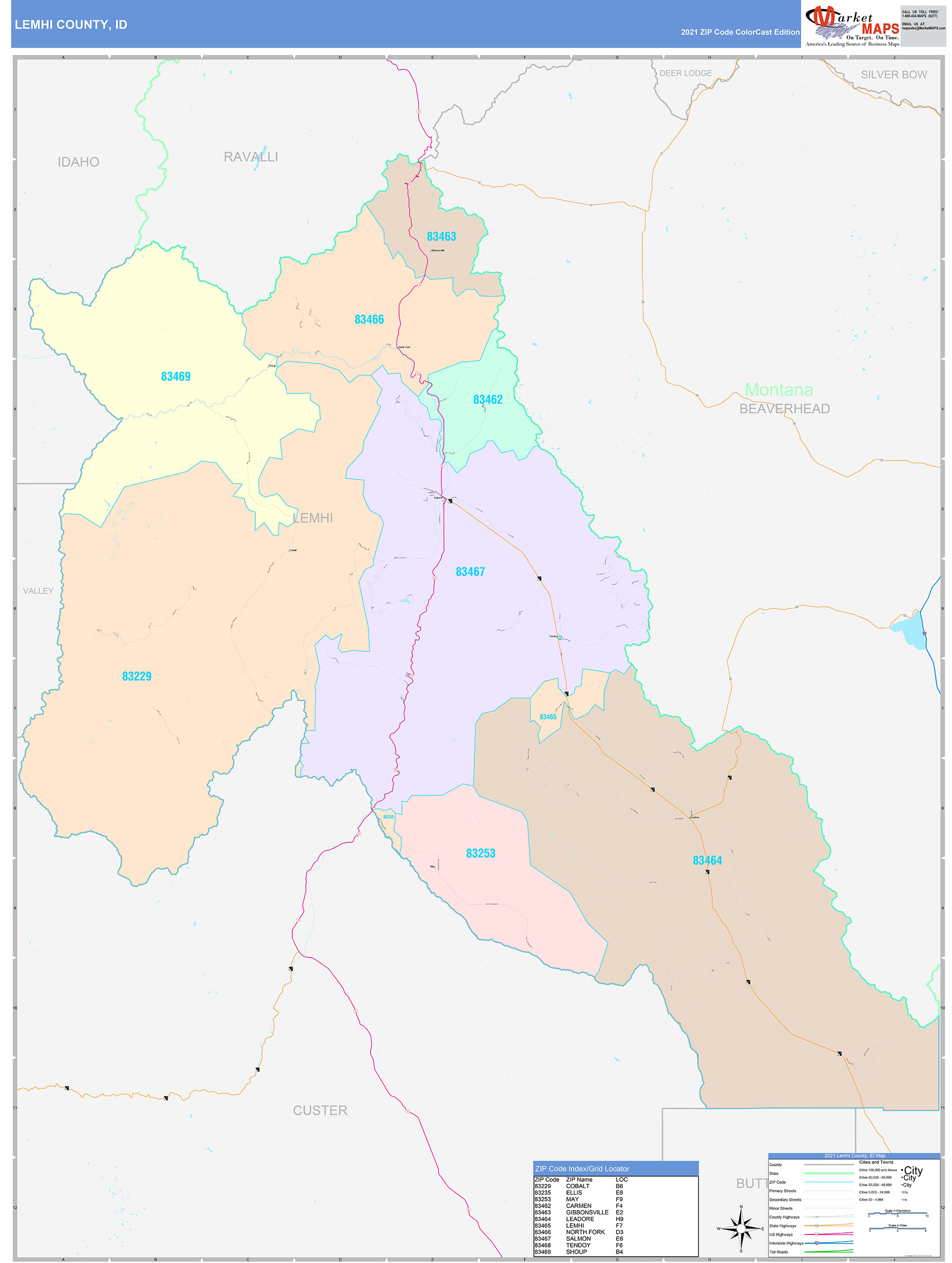 Lemhi County, Id Wall Map Color Cast Style By Marketmaps - Mapsales.com