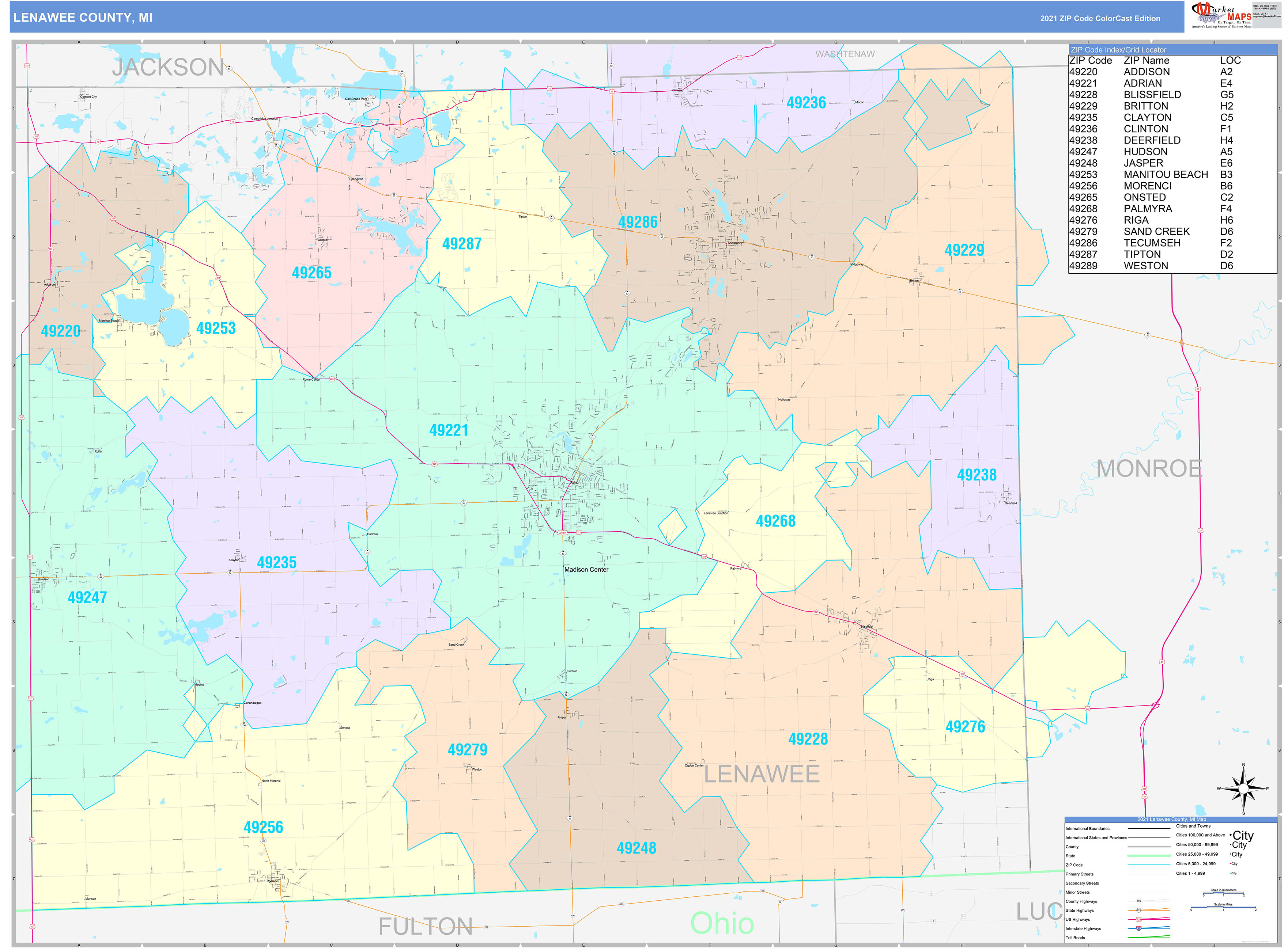 Lenawee County, MI Wall Map Color Cast Style by MarketMAPS