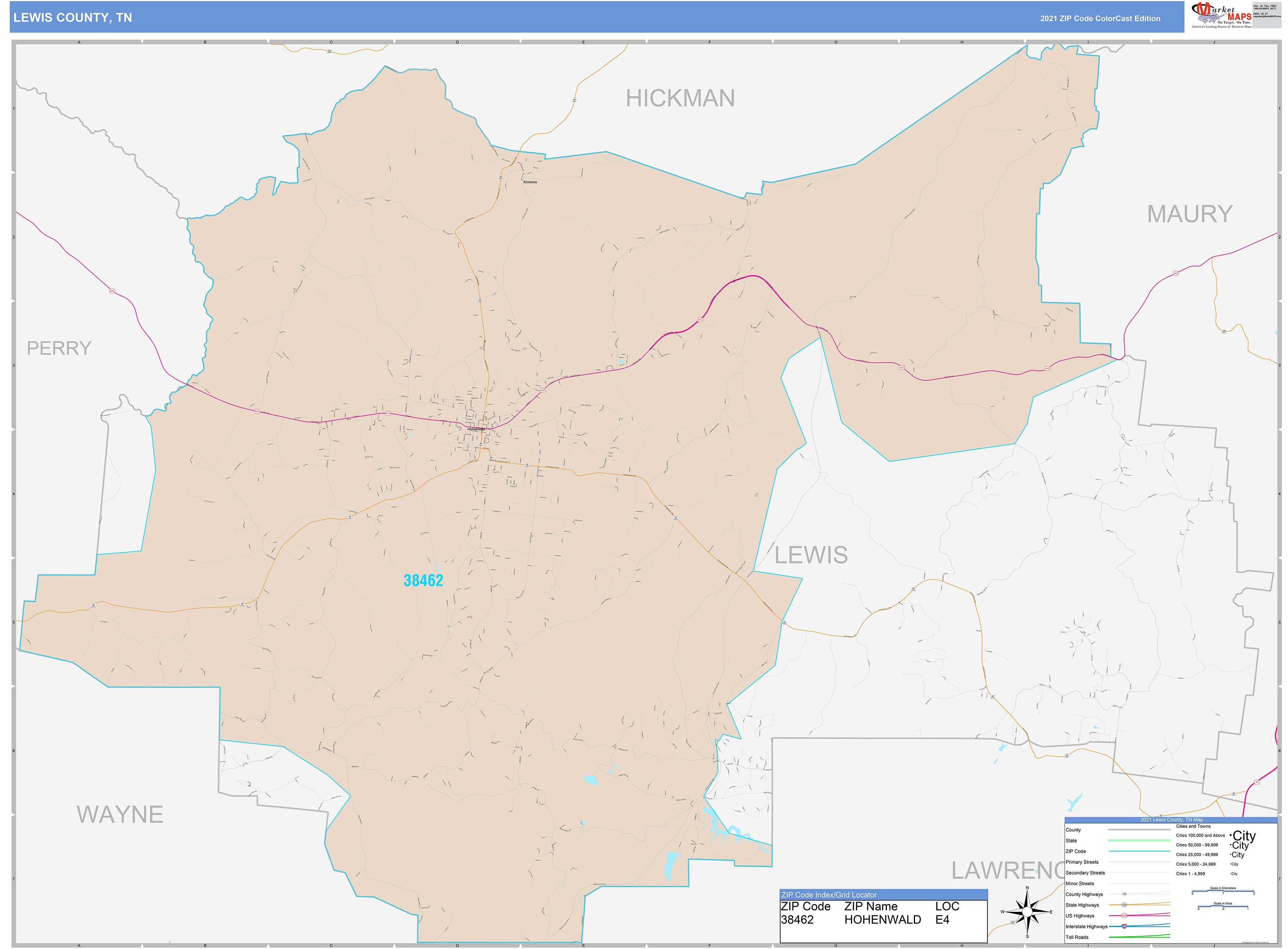 Lewis County, TN Wall Map Color Cast Style by MarketMAPS MapSales