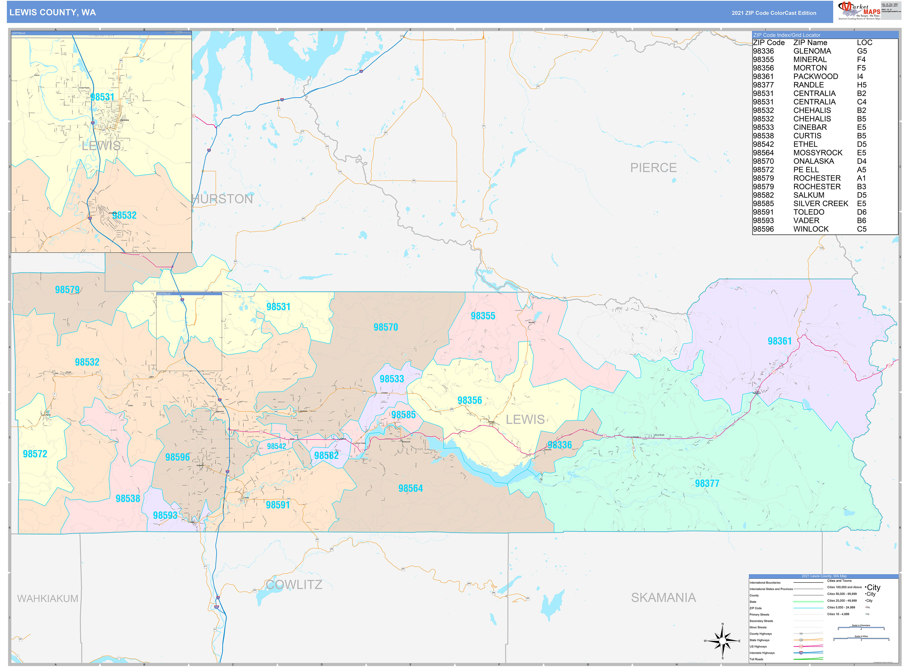 Lewis County WA Wall Map Color Cast Style by MarketMAPS