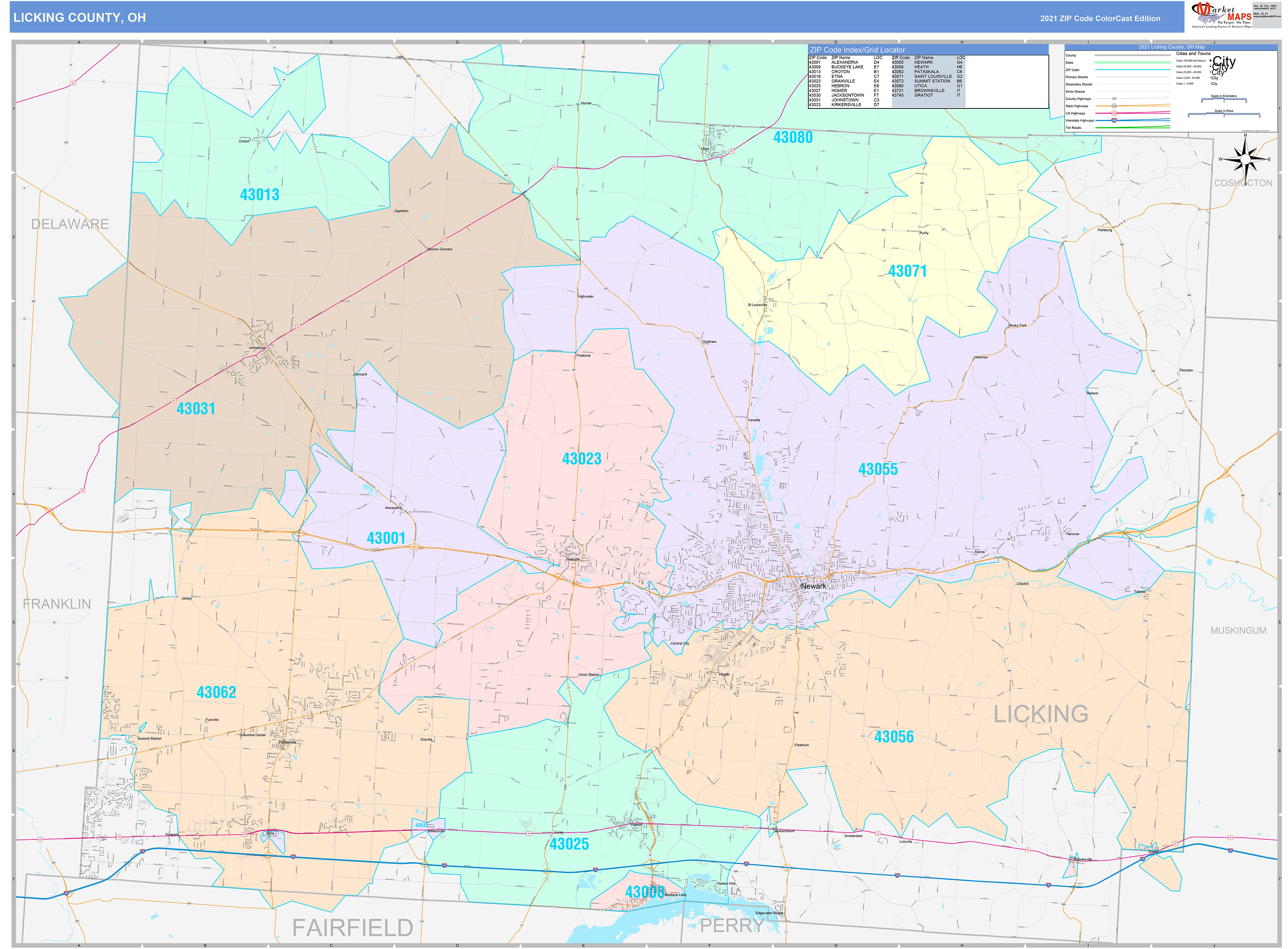 Licking County, OH Wall Map Color Cast Style by MarketMAPS - MapSales