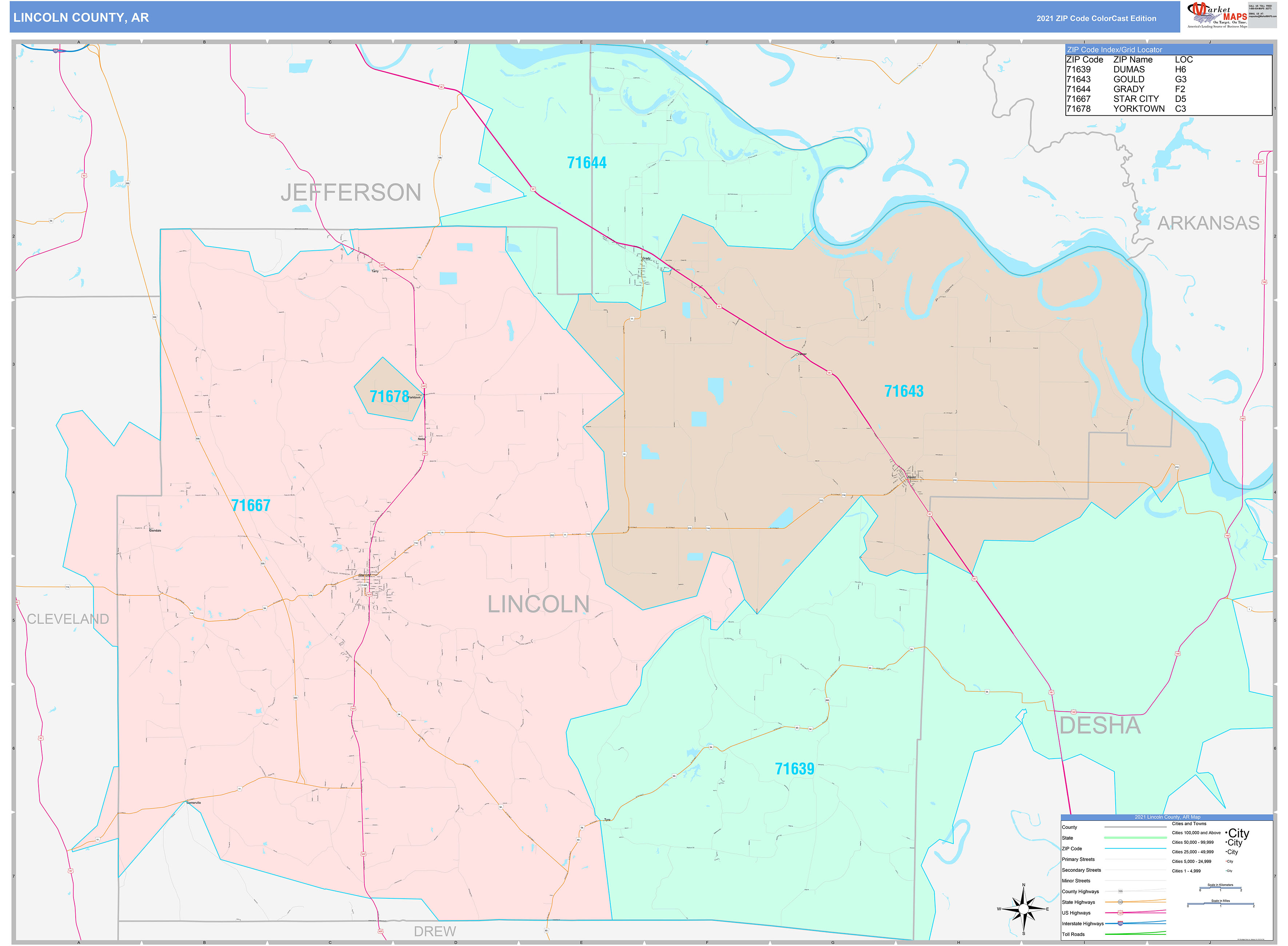 Lincoln County, AR Wall Map Color Cast Style by MarketMAPS - MapSales.com