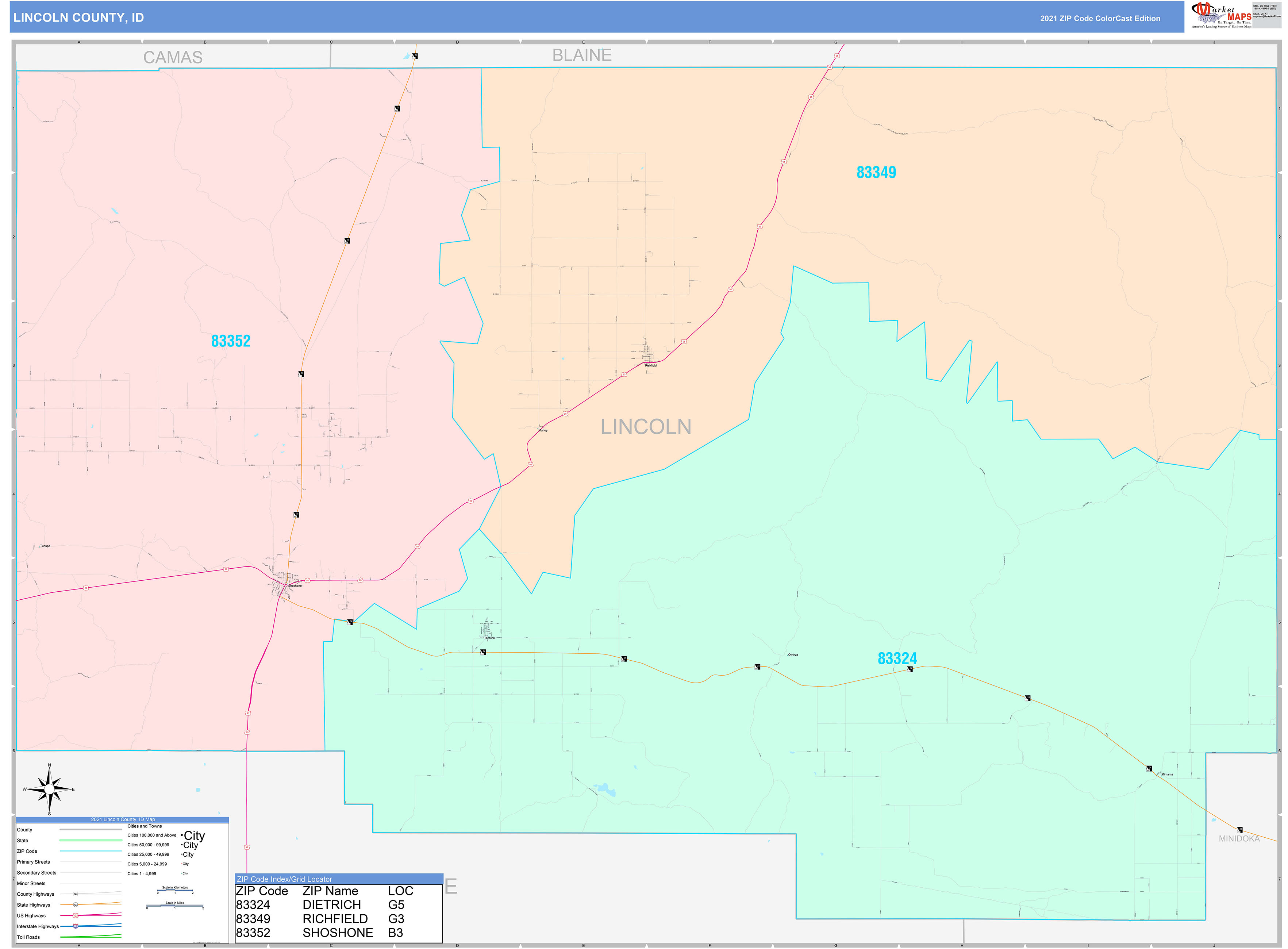 Lincoln County, ID Wall Map Color Cast Style by MarketMAPS