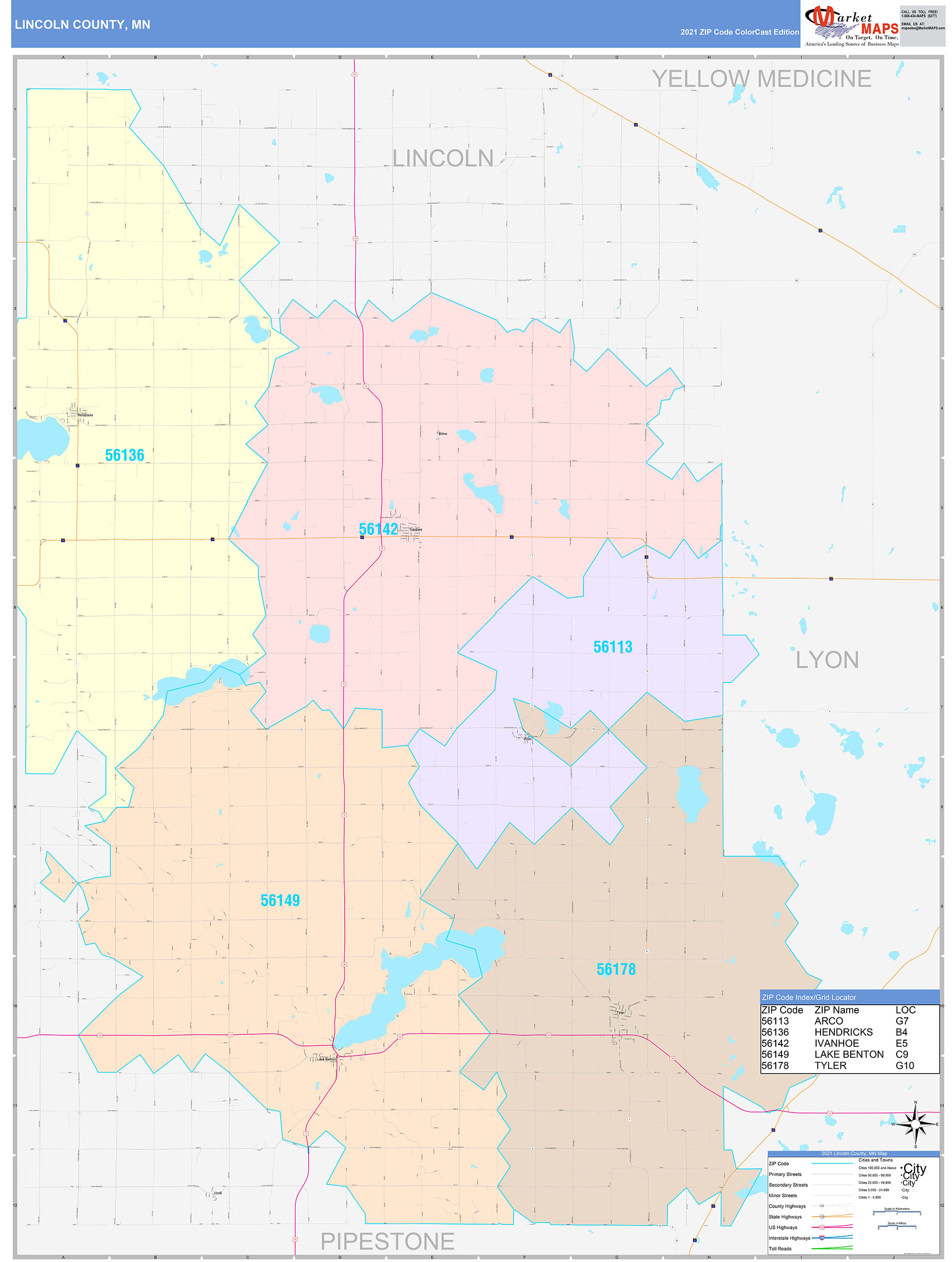 Lincoln County, MN Wall Map Color Cast Style by MarketMAPS