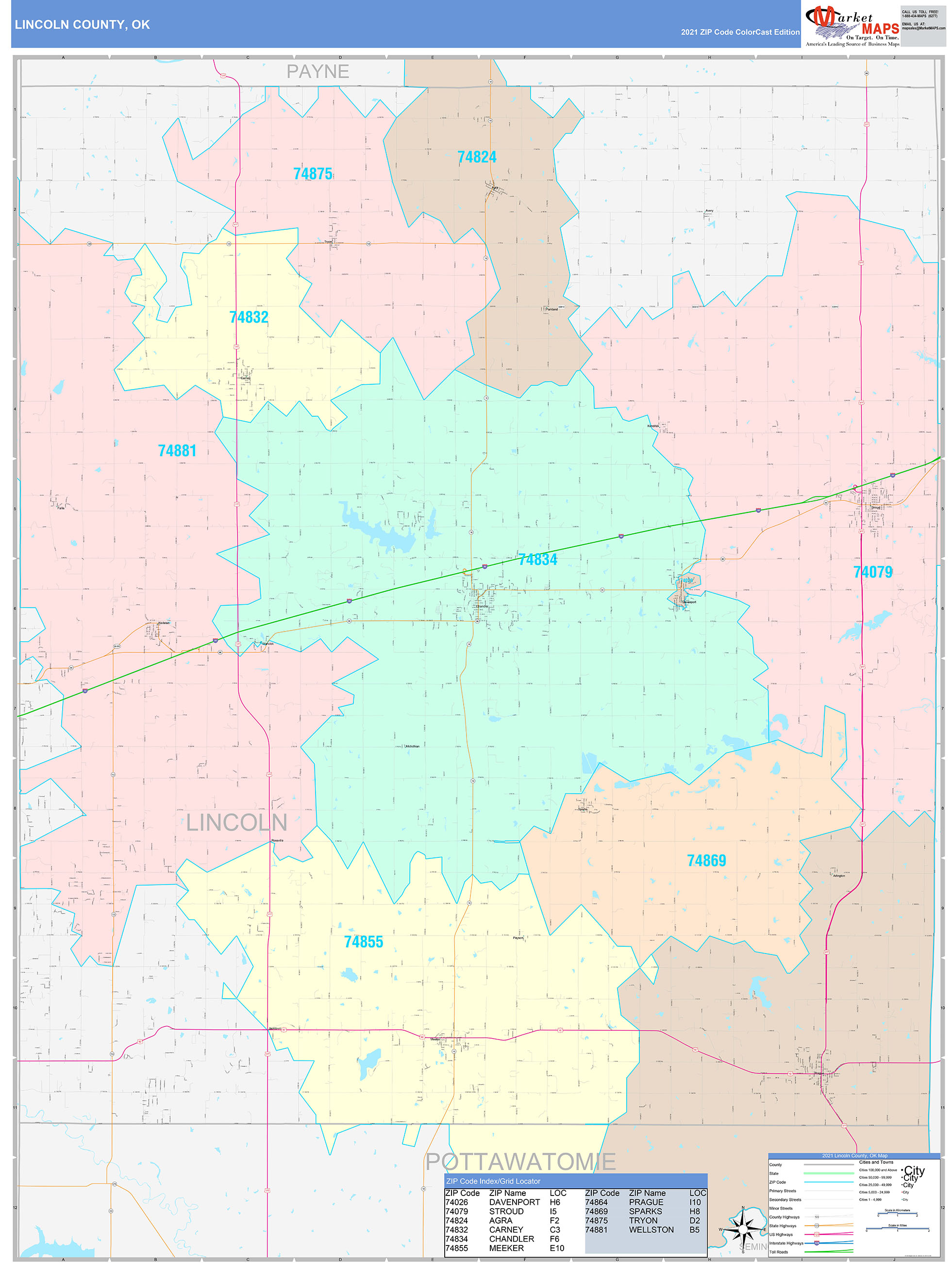 Lincoln County, OK Wall Map Color Cast Style by MarketMAPS - MapSales.com