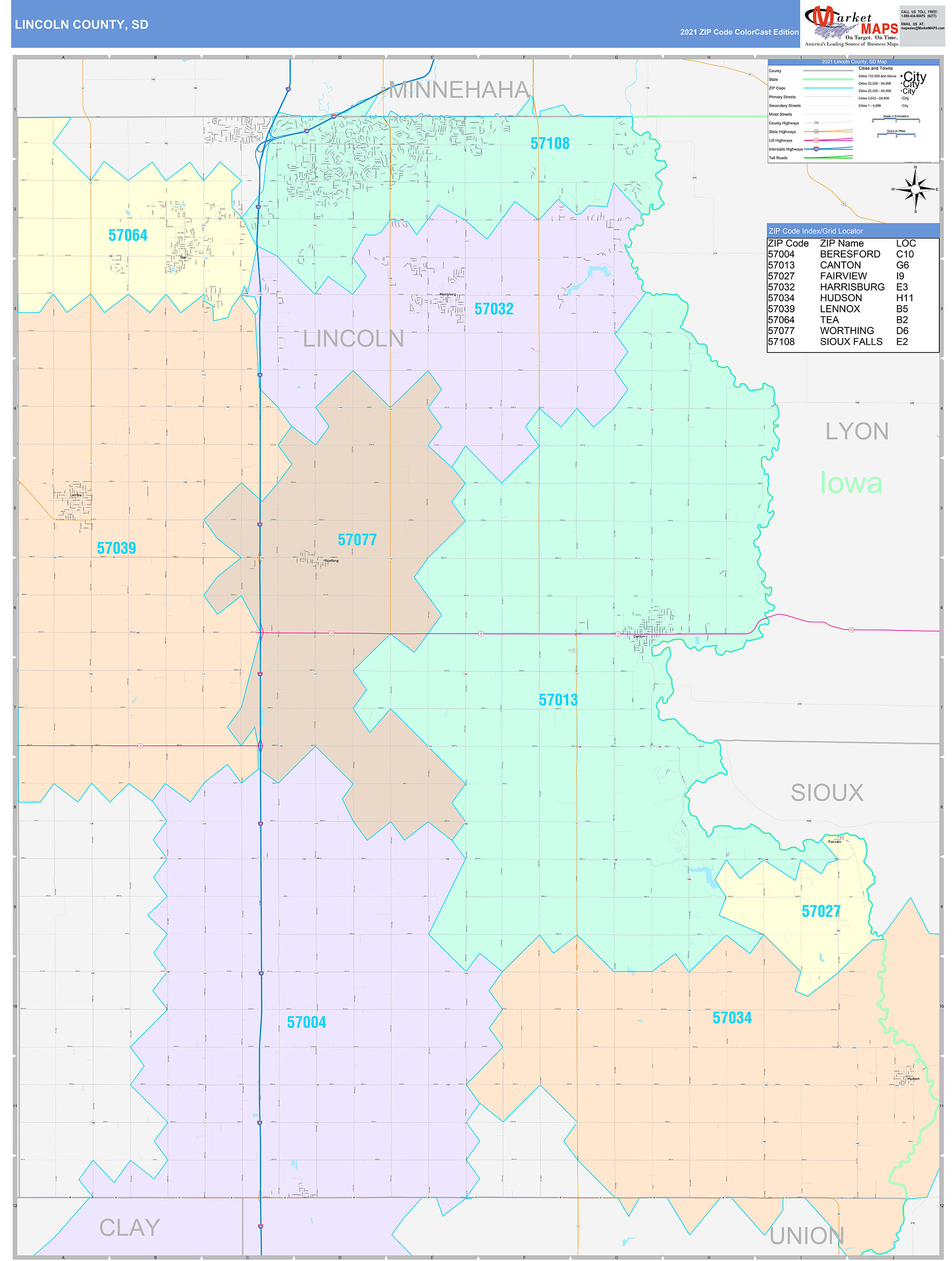 Lincoln County, SD Wall Map Color Cast Style by MarketMAPS - MapSales.com