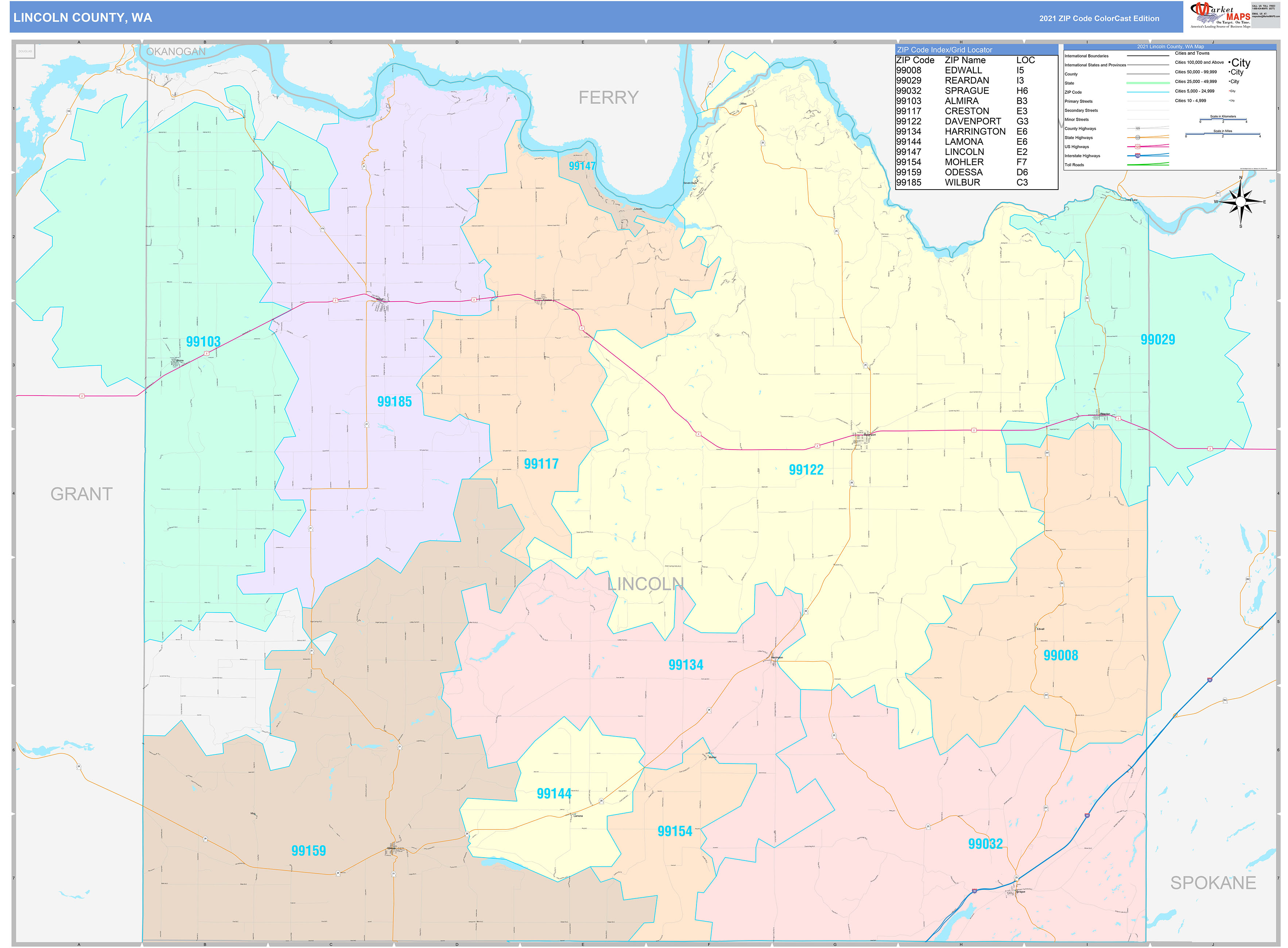 Lincoln County, WA Wall Map Color Cast Style by MarketMAPS