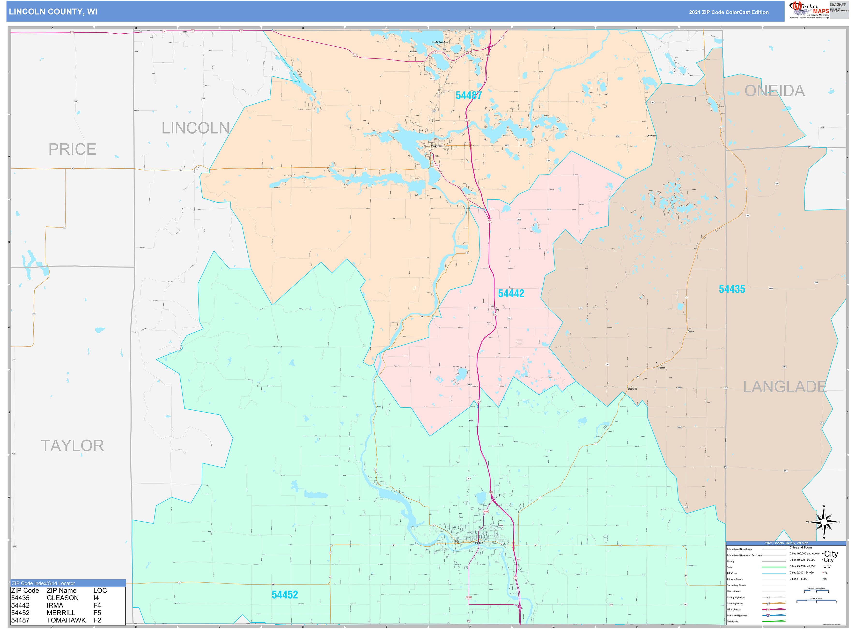 Lincoln County, WI Wall Map Color Cast Style by MarketMAPS