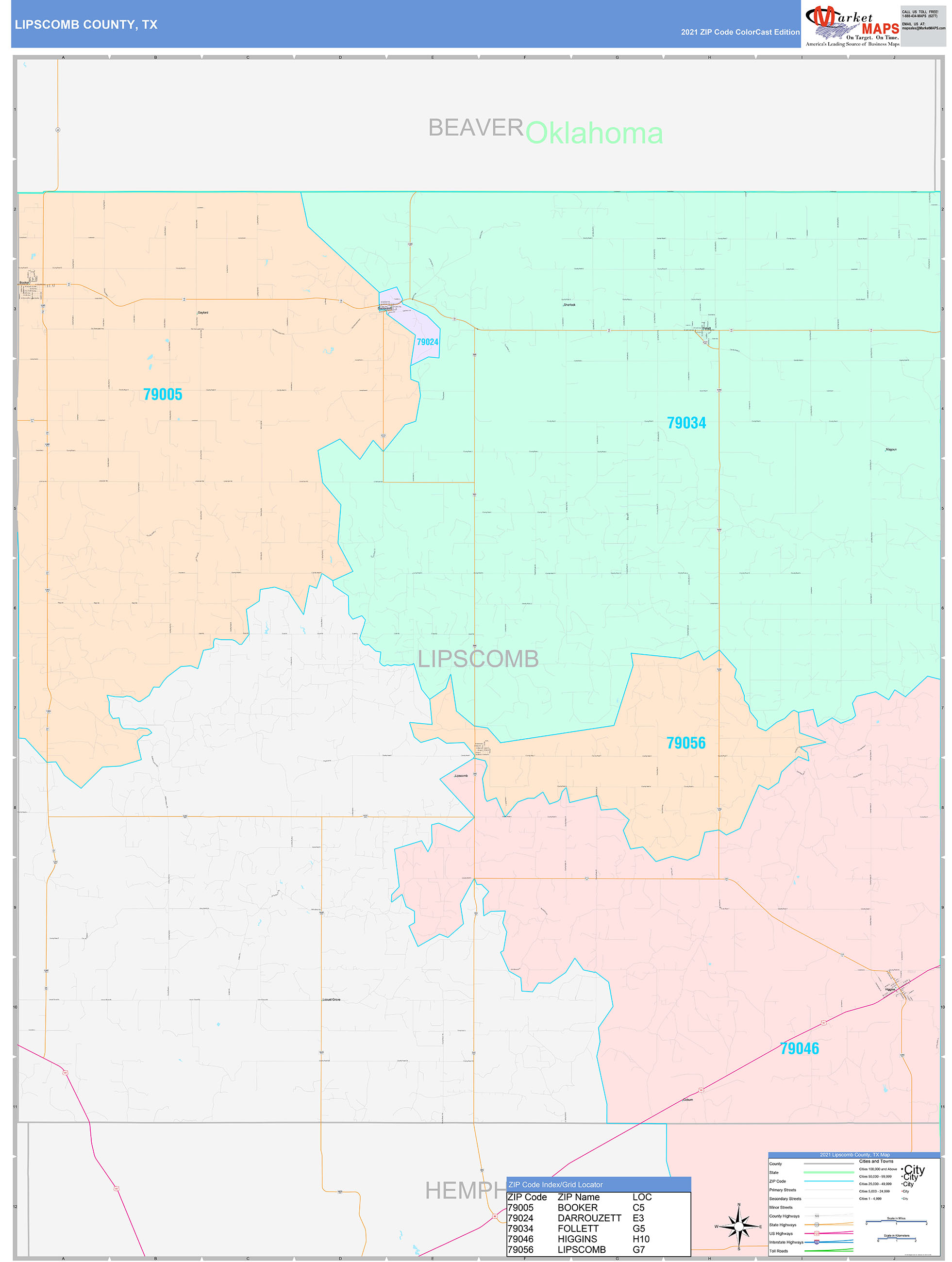 Lipscomb County, Tx Wall Map Color Cast Style By Marketmaps - Mapsales.com