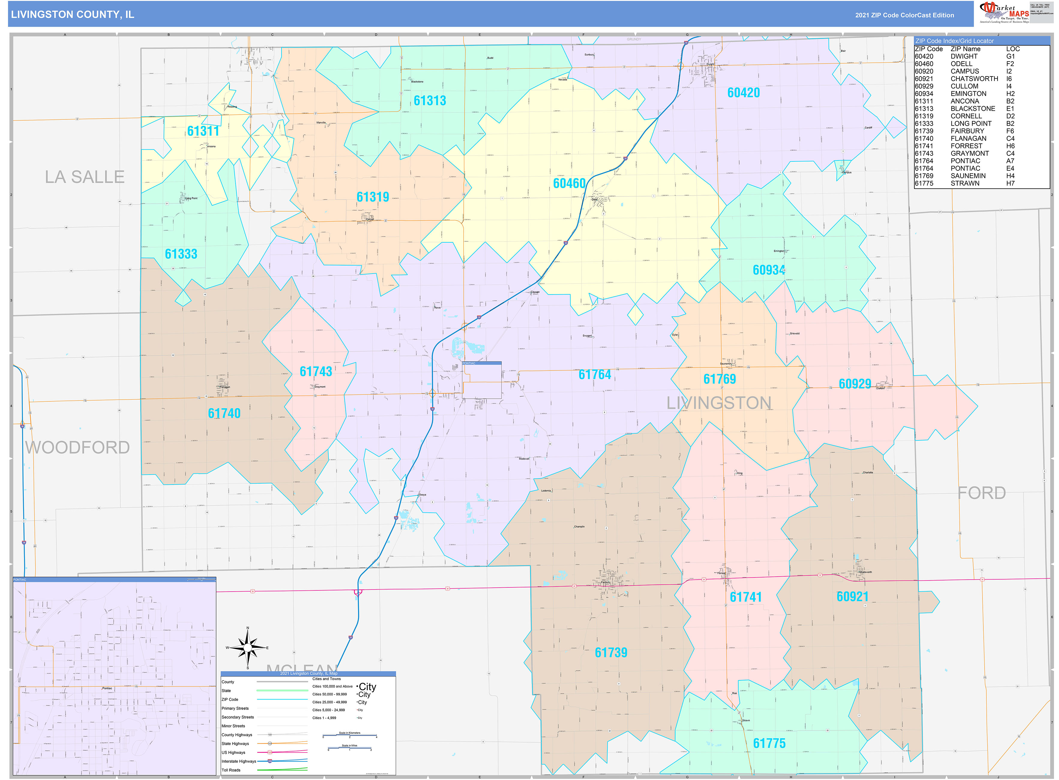 Livingston County, IL Wall Map Color Cast Style by MarketMAPS