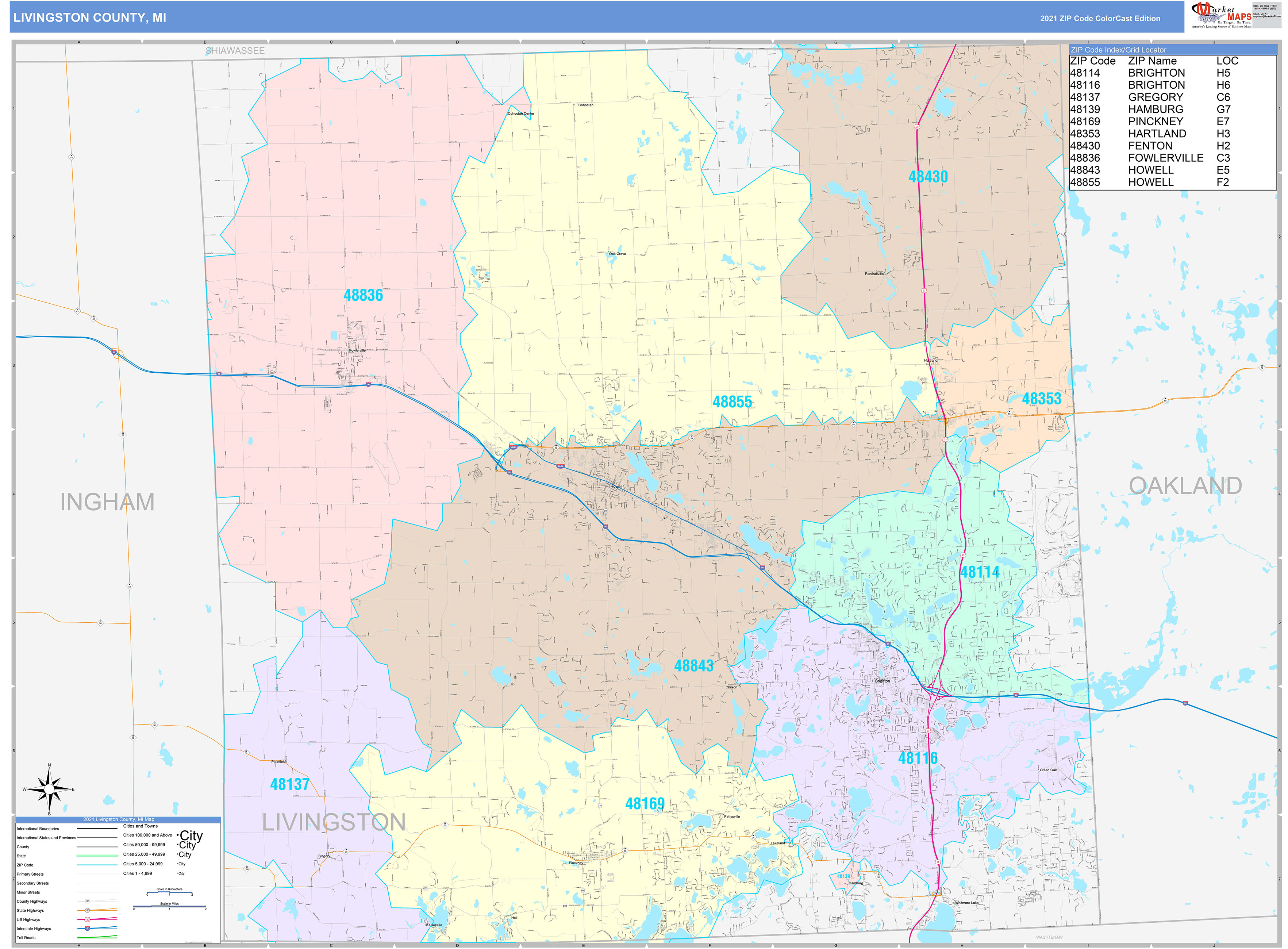 Livingston County, MI Wall Map Color Cast Style by MarketMAPS MapSales