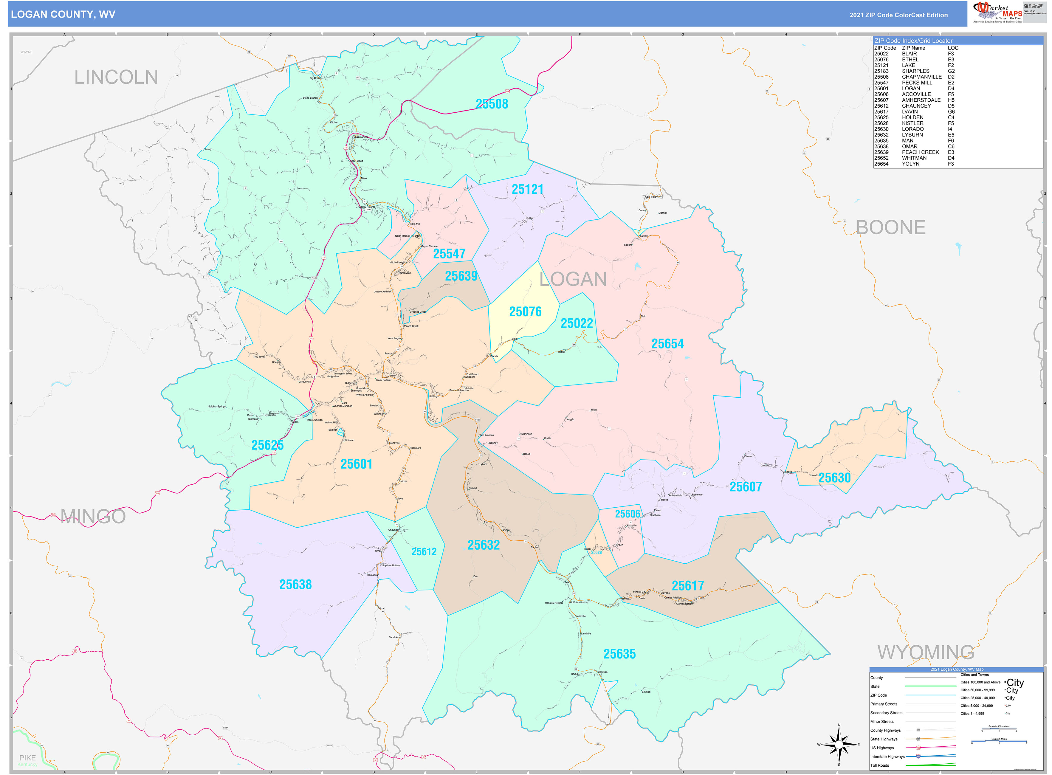 Logan County, WV Wall Map Color Cast Style by MarketMAPS MapSales