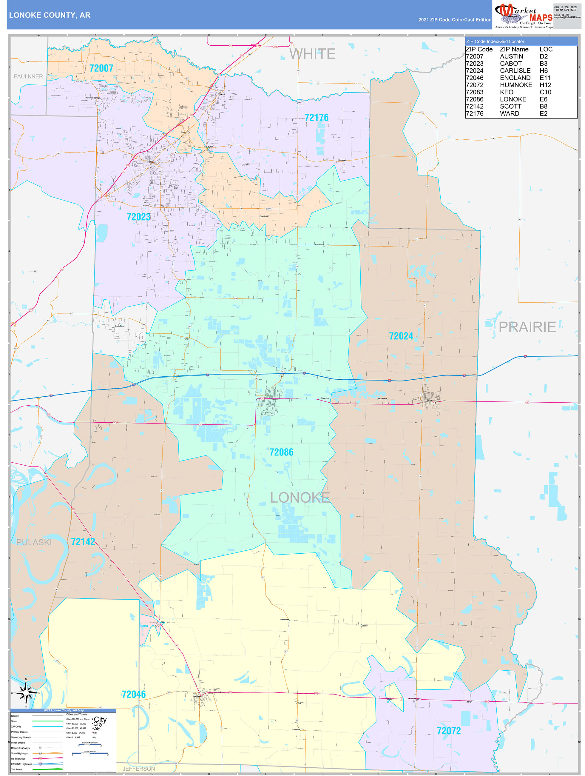 Lonoke County, AR Wall Map Color Cast Style by MarketMAPS - MapSales.com