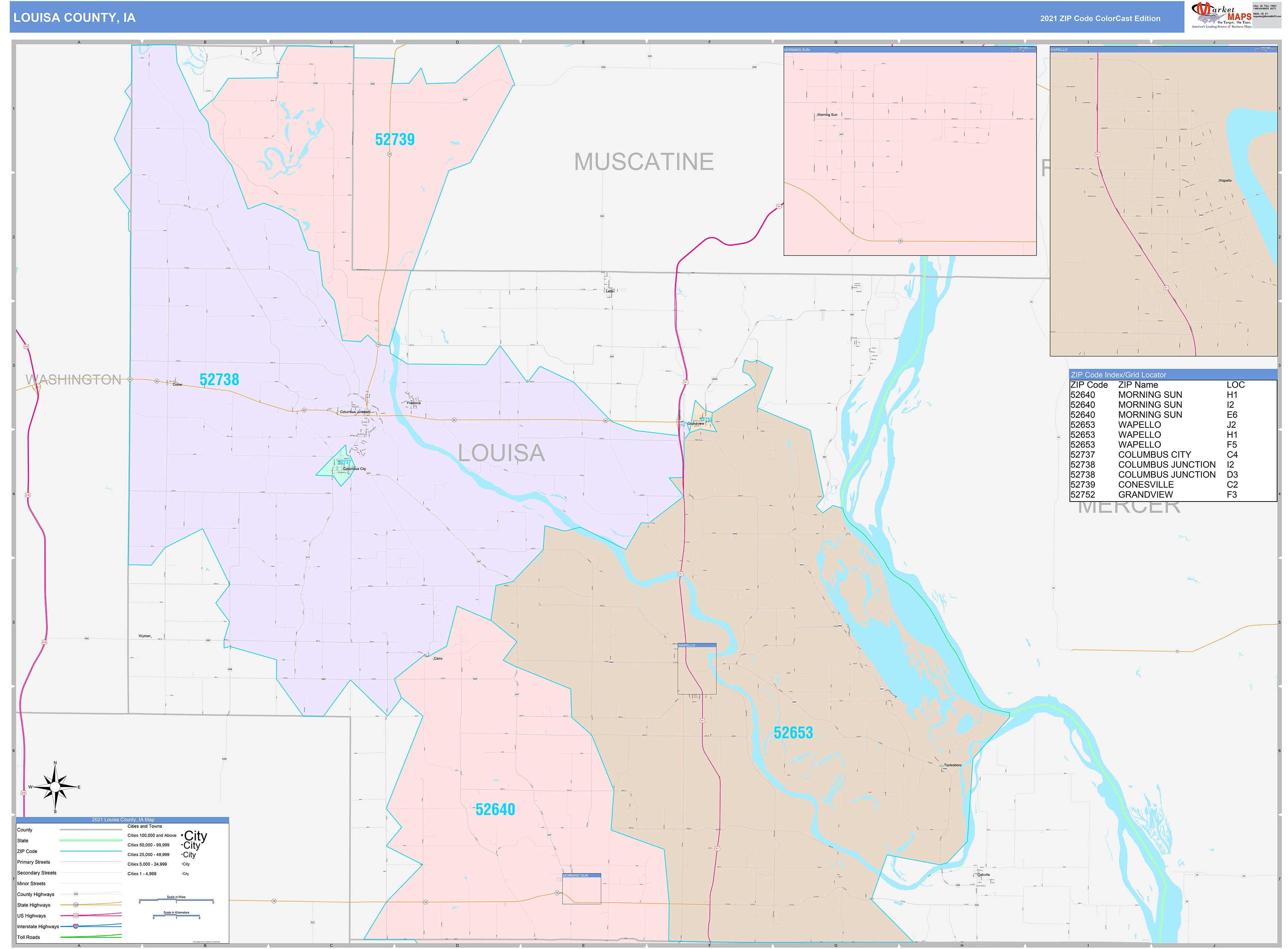 Louisa County, IA Wall Map Color Cast Style by MarketMAPS