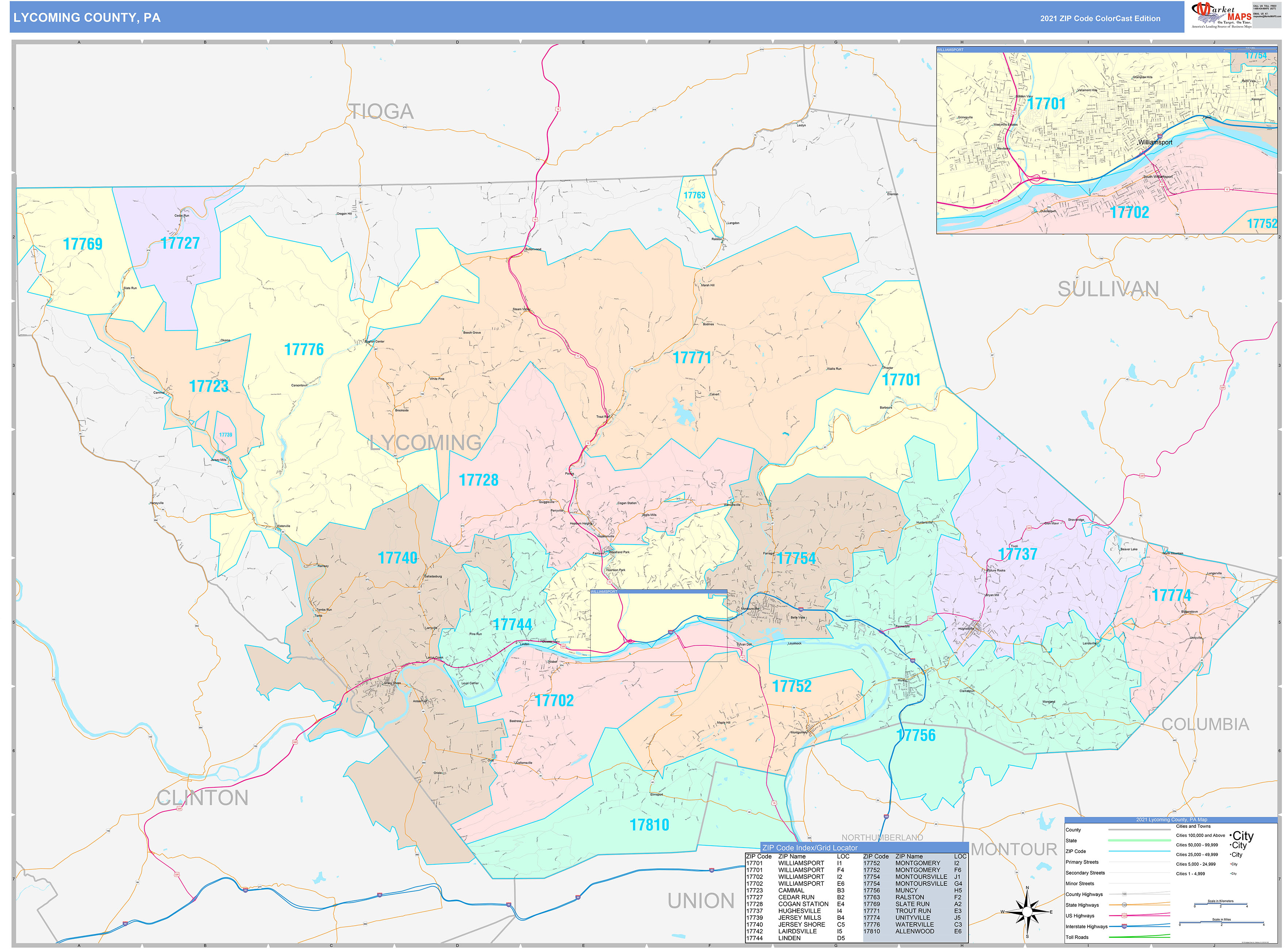 Lycoming County, PA Wall Map Color Cast Style by MarketMAPS