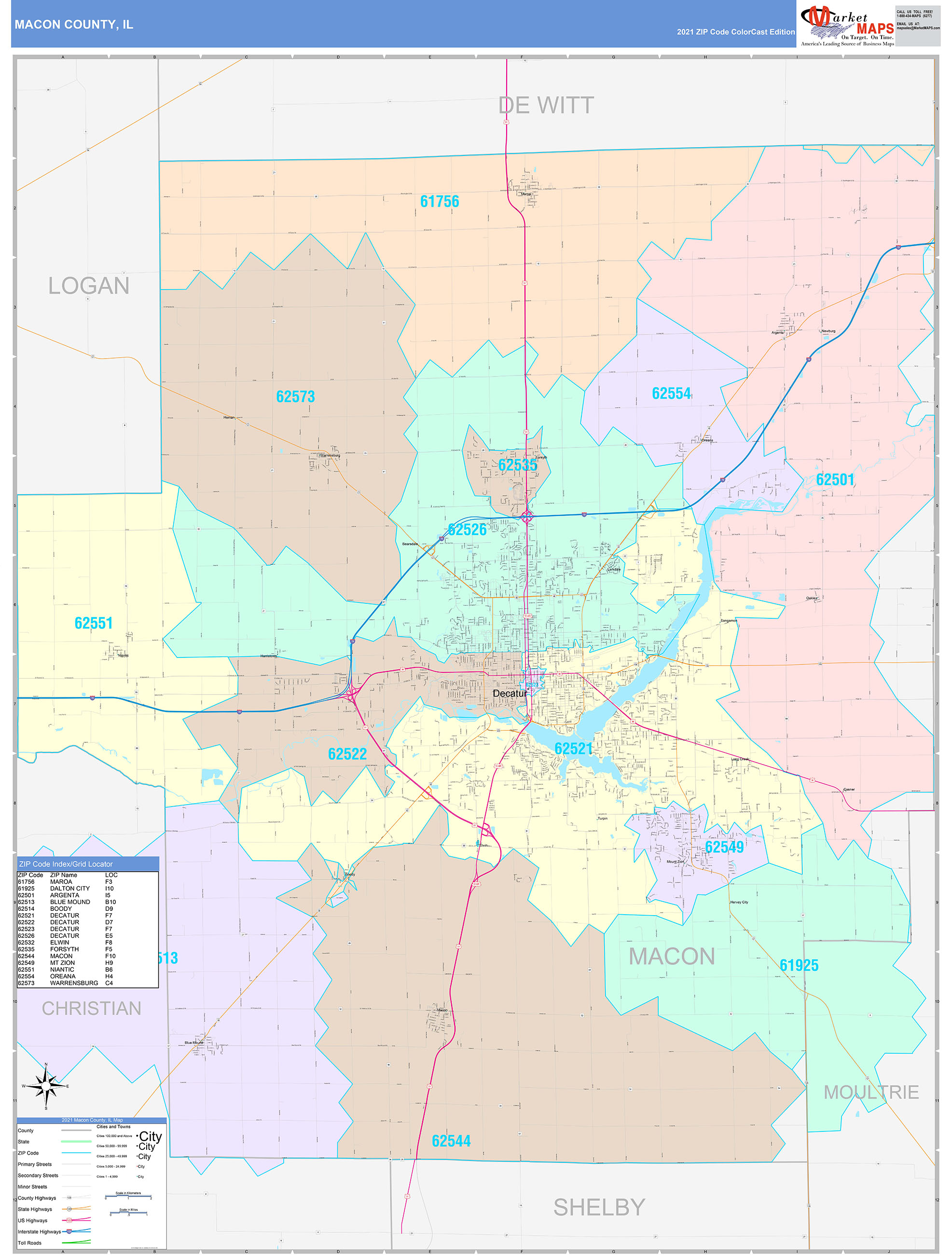 Macon County, IL Wall Map Color Cast Style by MarketMAPS - MapSales