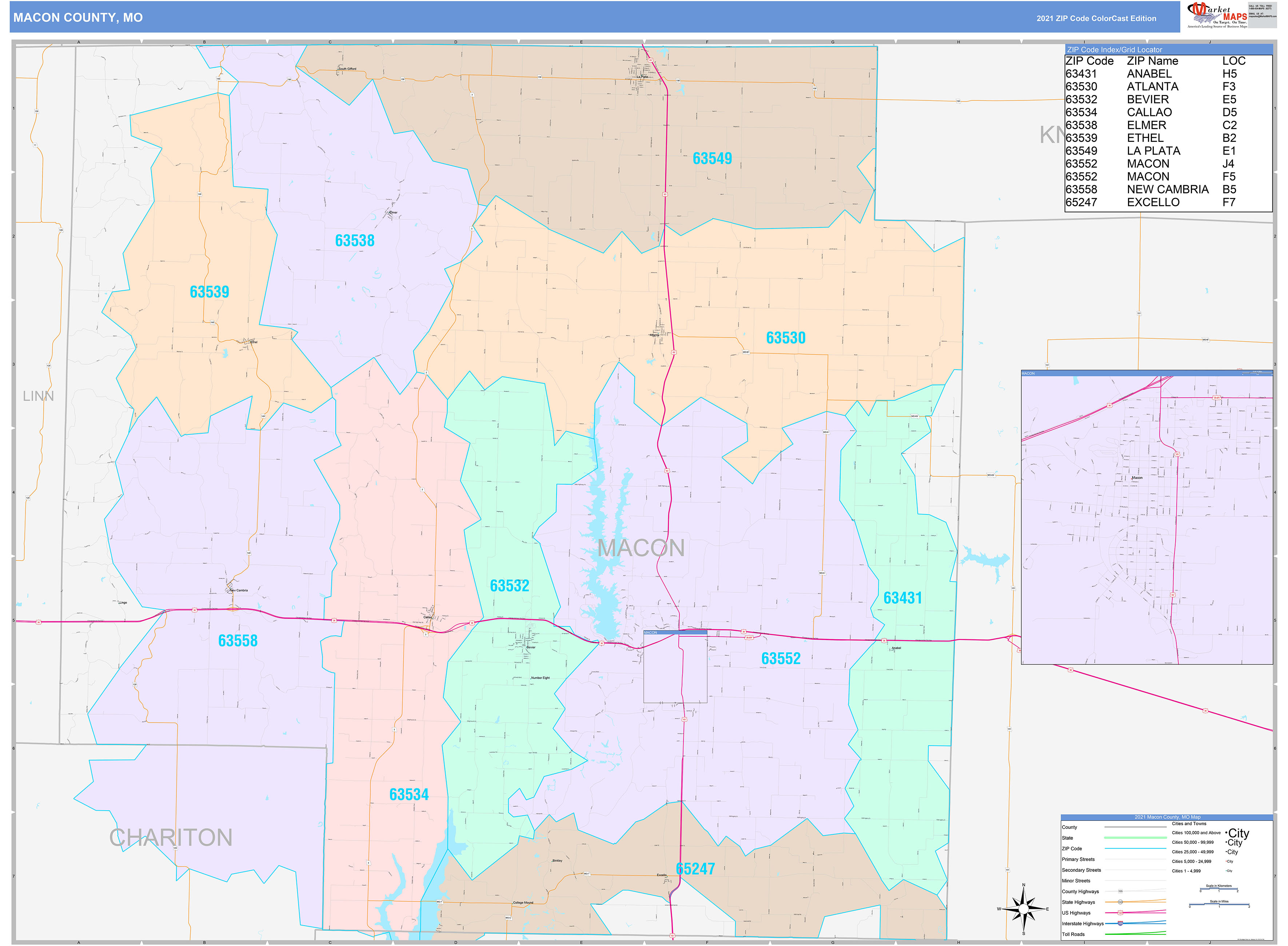 Macon County, MO Wall Map Color Cast Style by MarketMAPS - MapSales.com