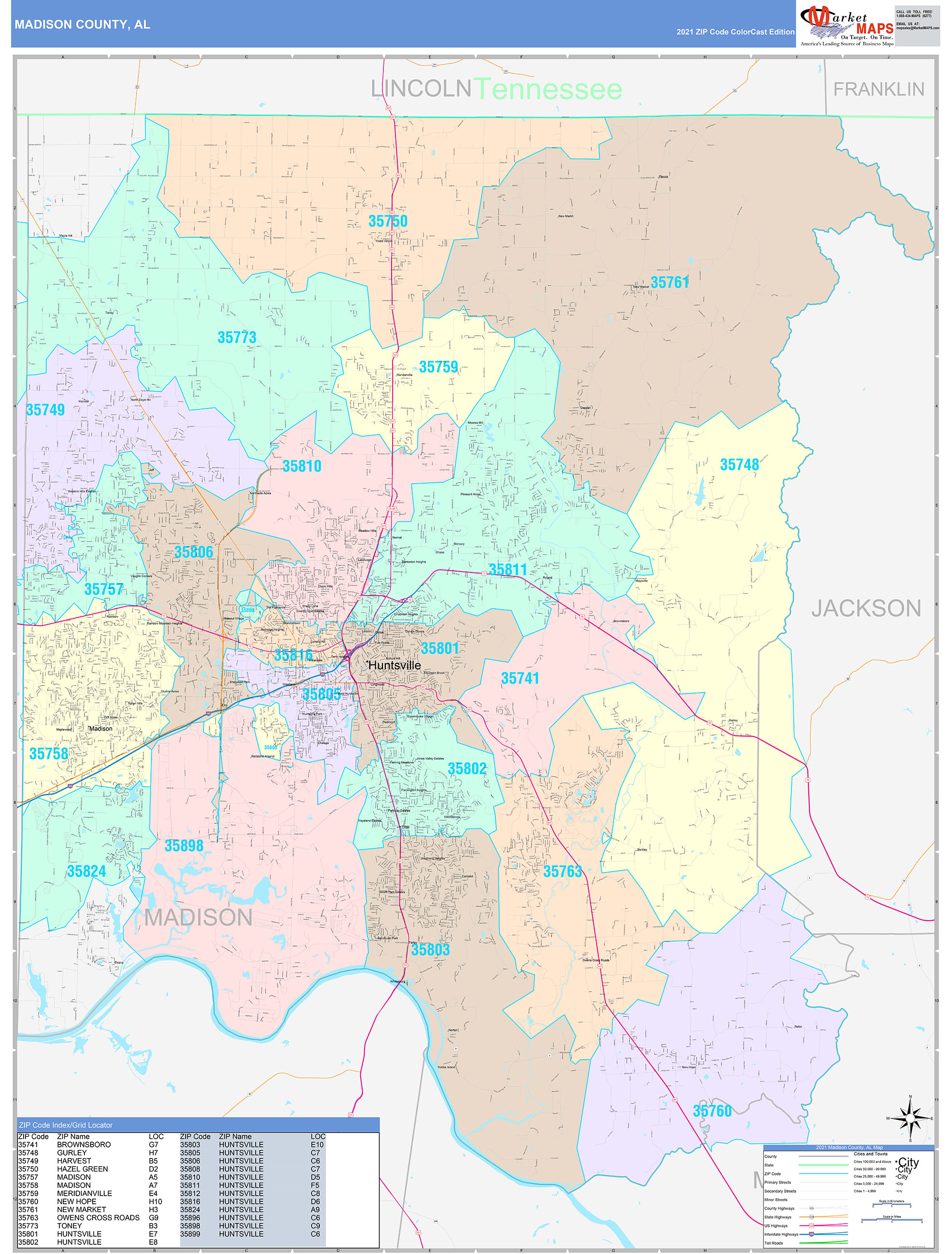 Madison County, AL Wall Map Color Cast Style by MarketMAPS - MapSales