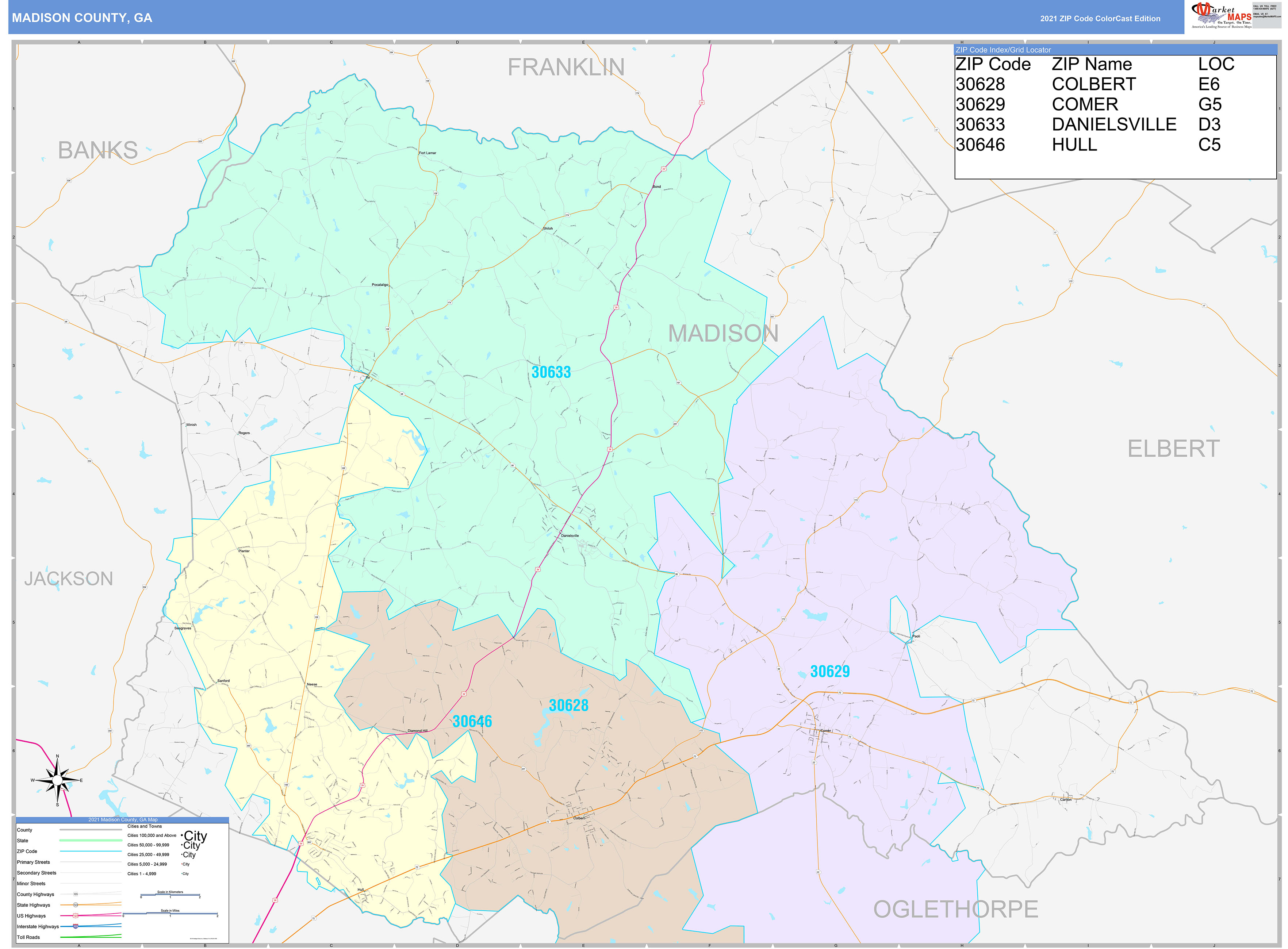 Madison County, GA Wall Map Color Cast Style by MarketMAPS - MapSales