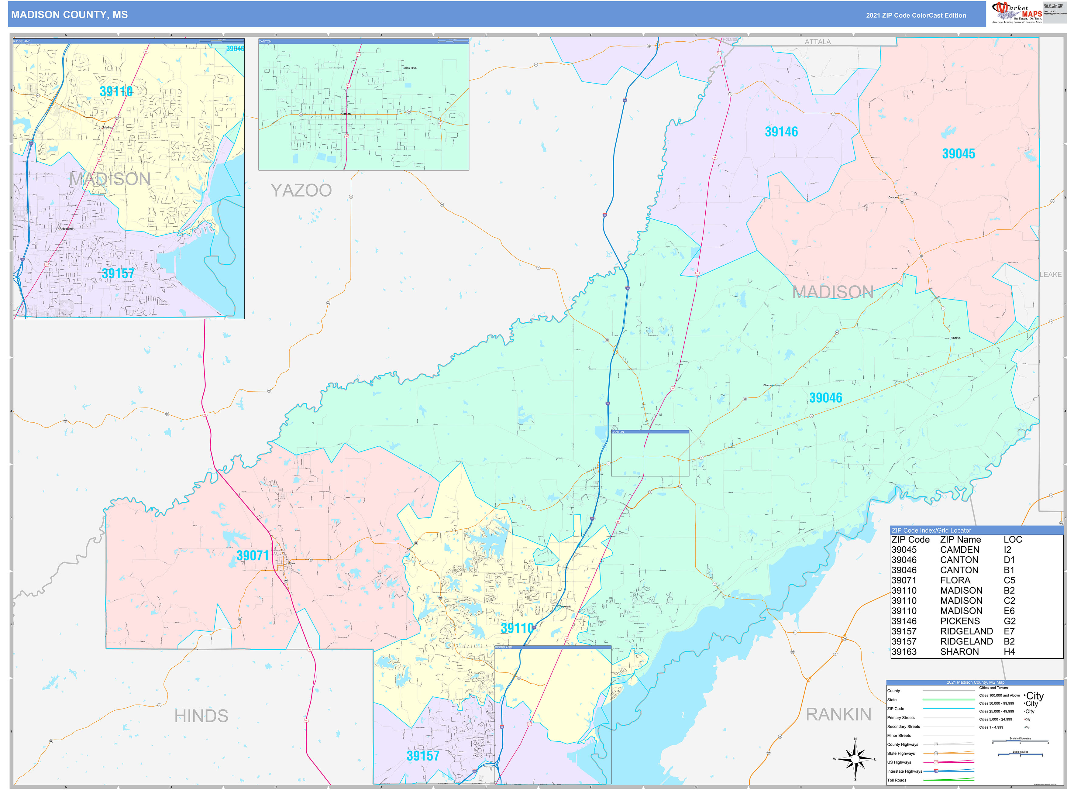 Madison County, MS Wall Map Color Cast Style by MarketMAPS