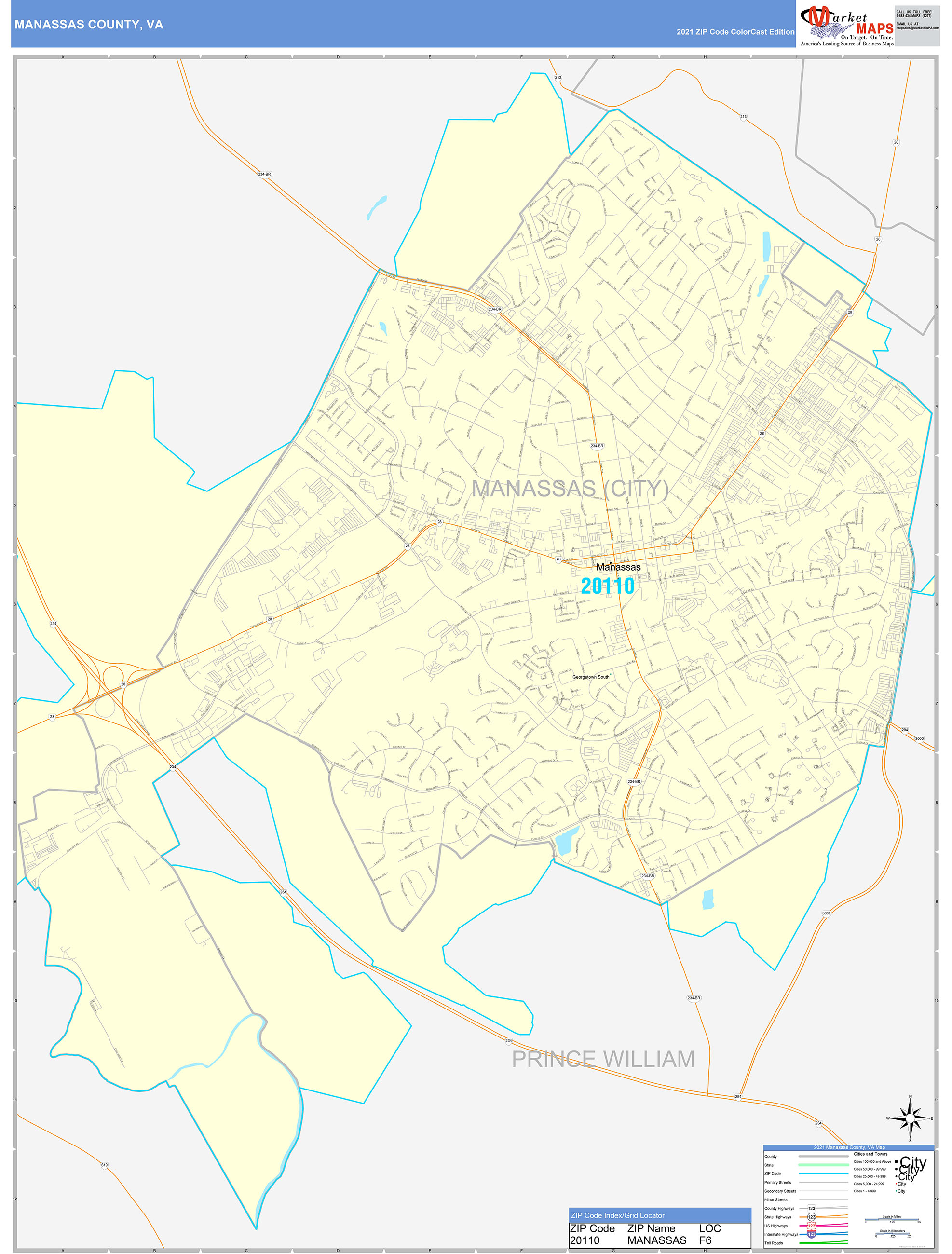 Manassas County, VA Wall Map Color Cast Style by MarketMAPS - MapSales.com