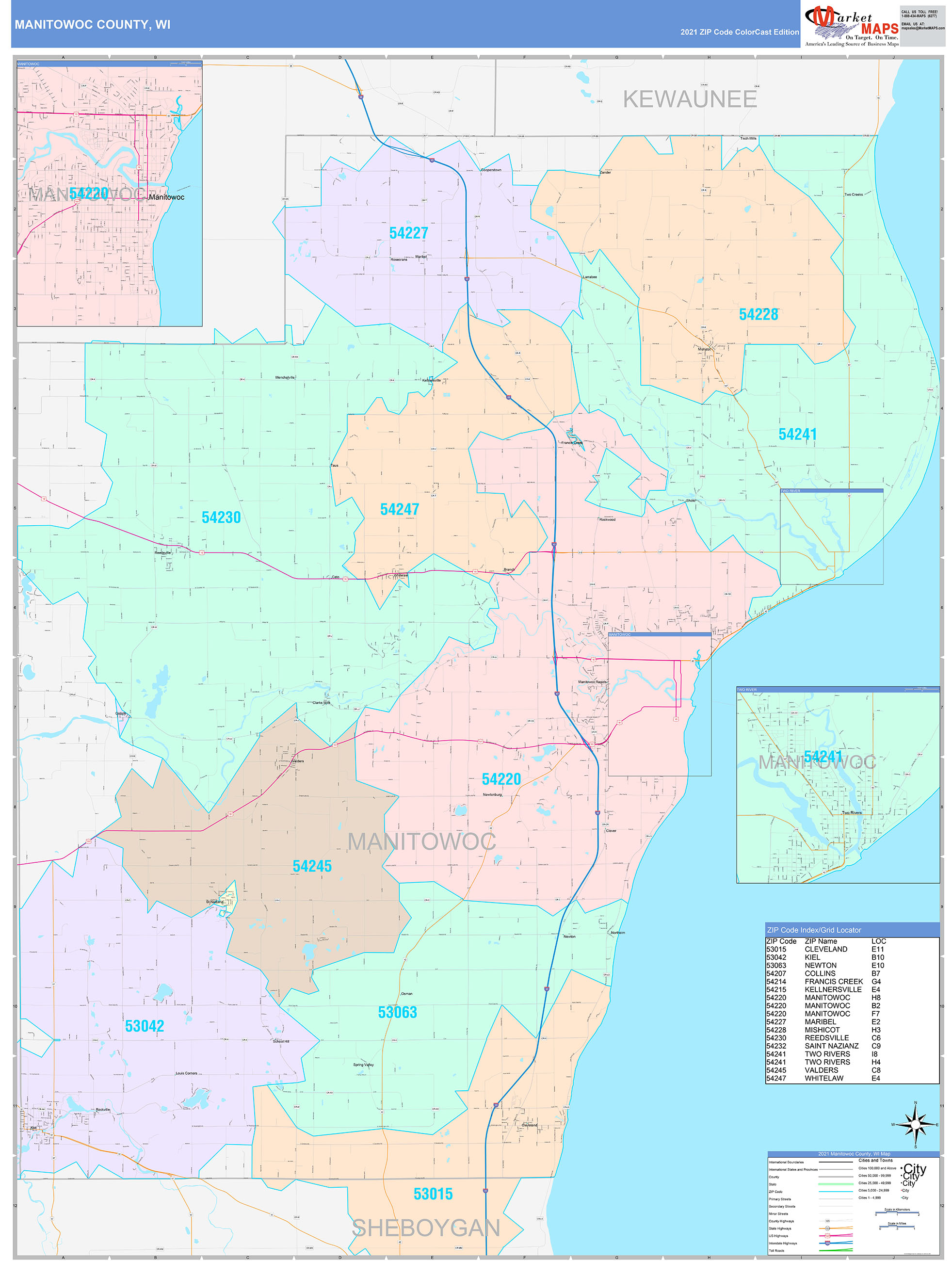 Manitowoc County, WI Wall Map Color Cast Style by MarketMAPS