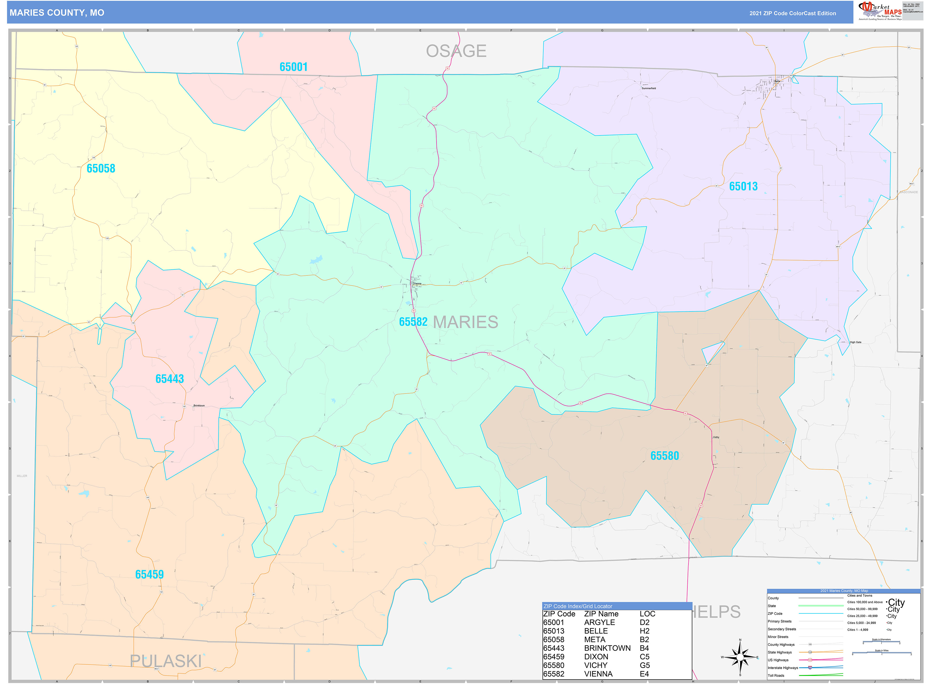 Maries County Mo Wall Map Color Cast Style By Marketmaps Mapsales 