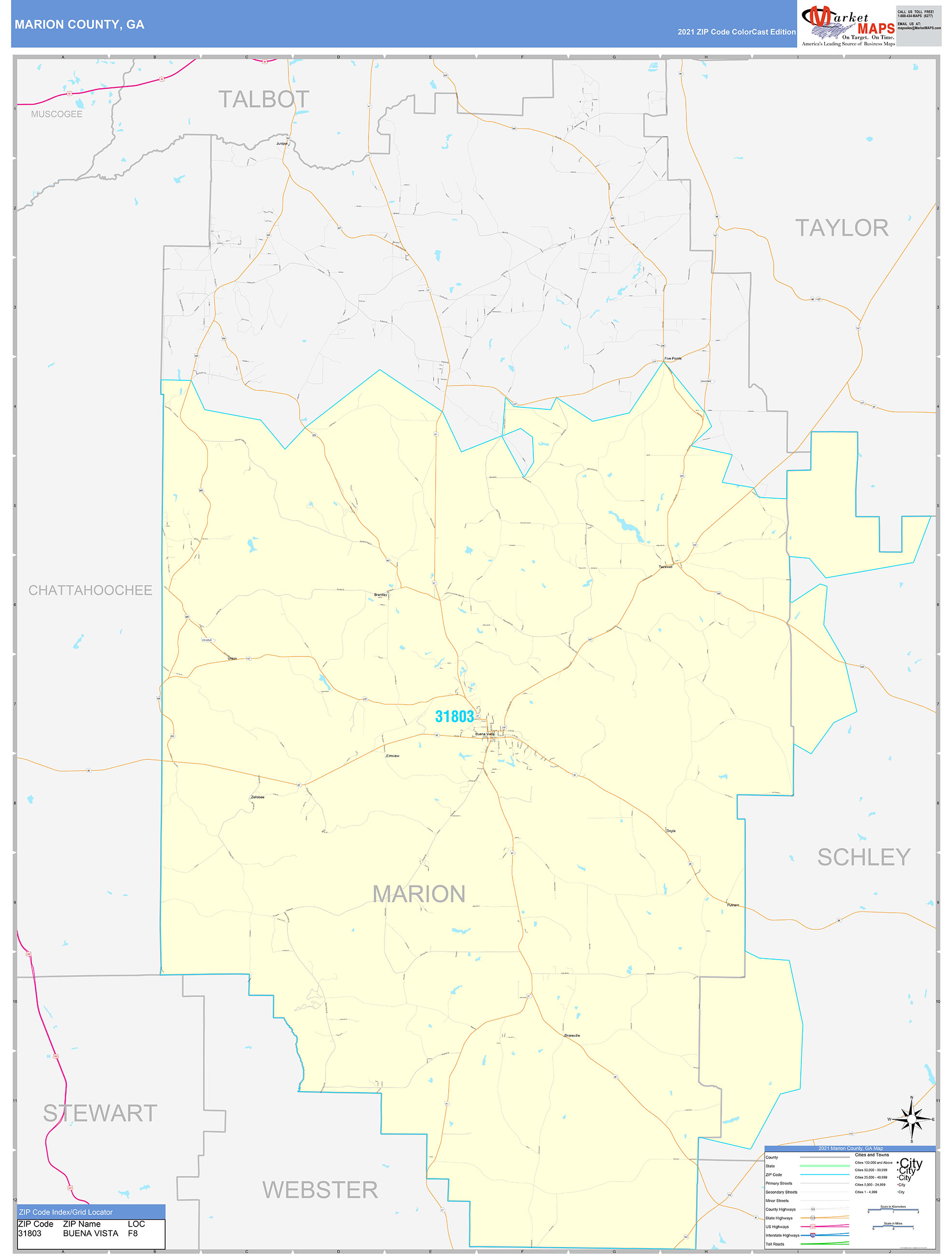 Marion County, GA Wall Map Color Cast Style by MarketMAPS - MapSales.com