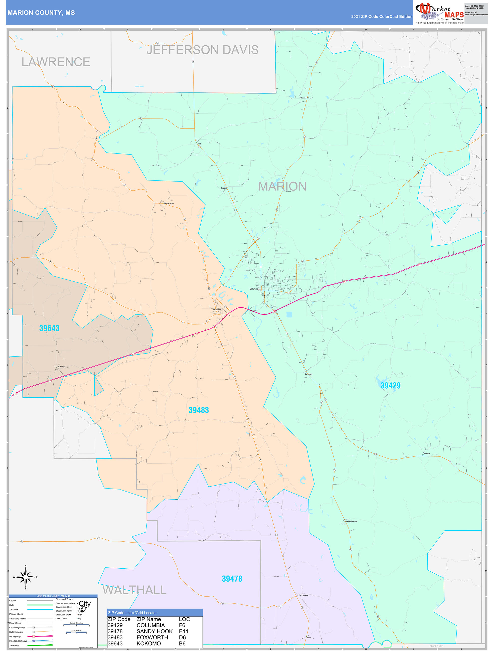 Marion County, MS Wall Map Color Cast Style by MarketMAPS - MapSales