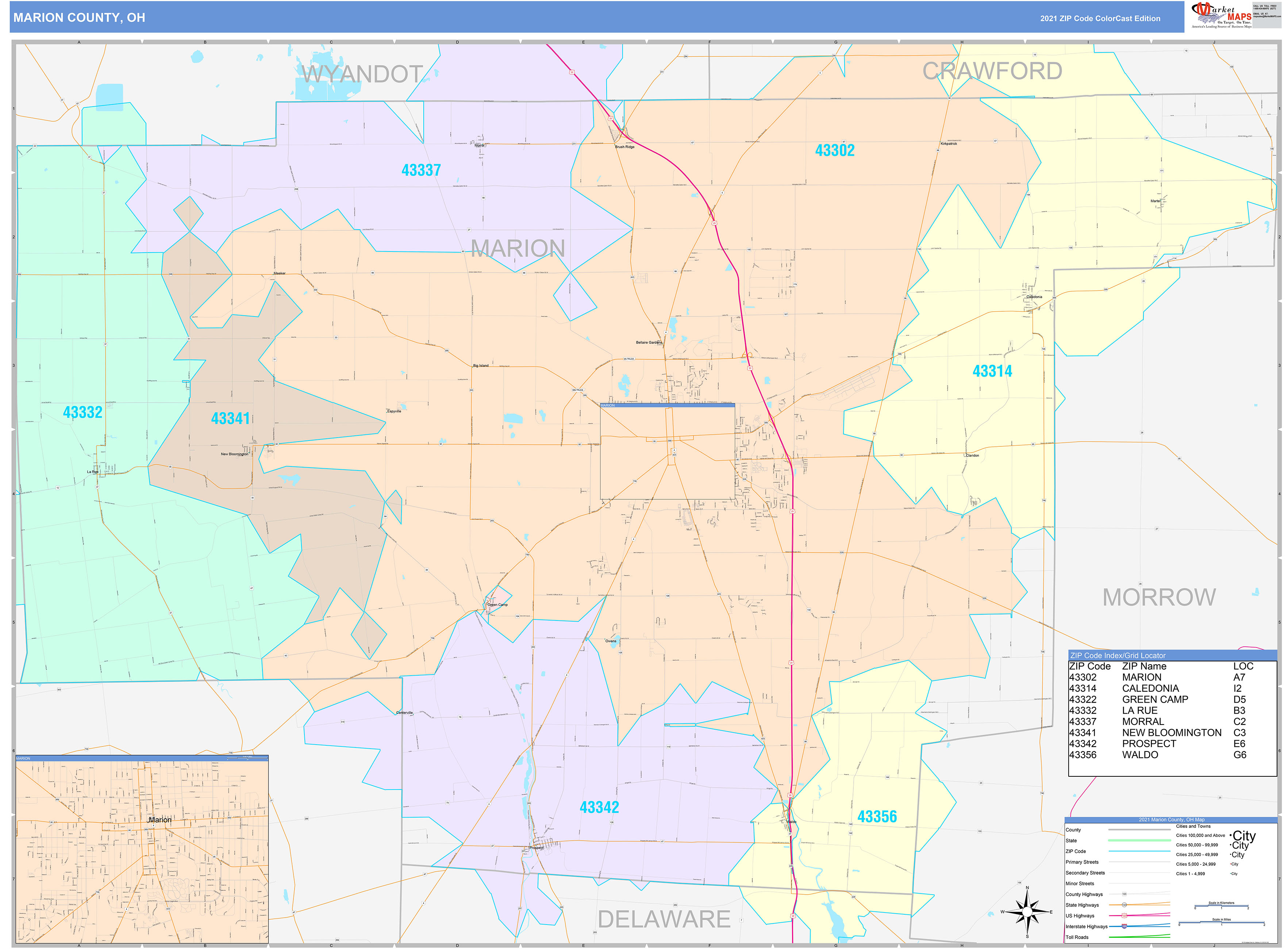 Marion County OH Wall Map Color Cast Style By MarketMAPS MapSales Com   Marion OH 